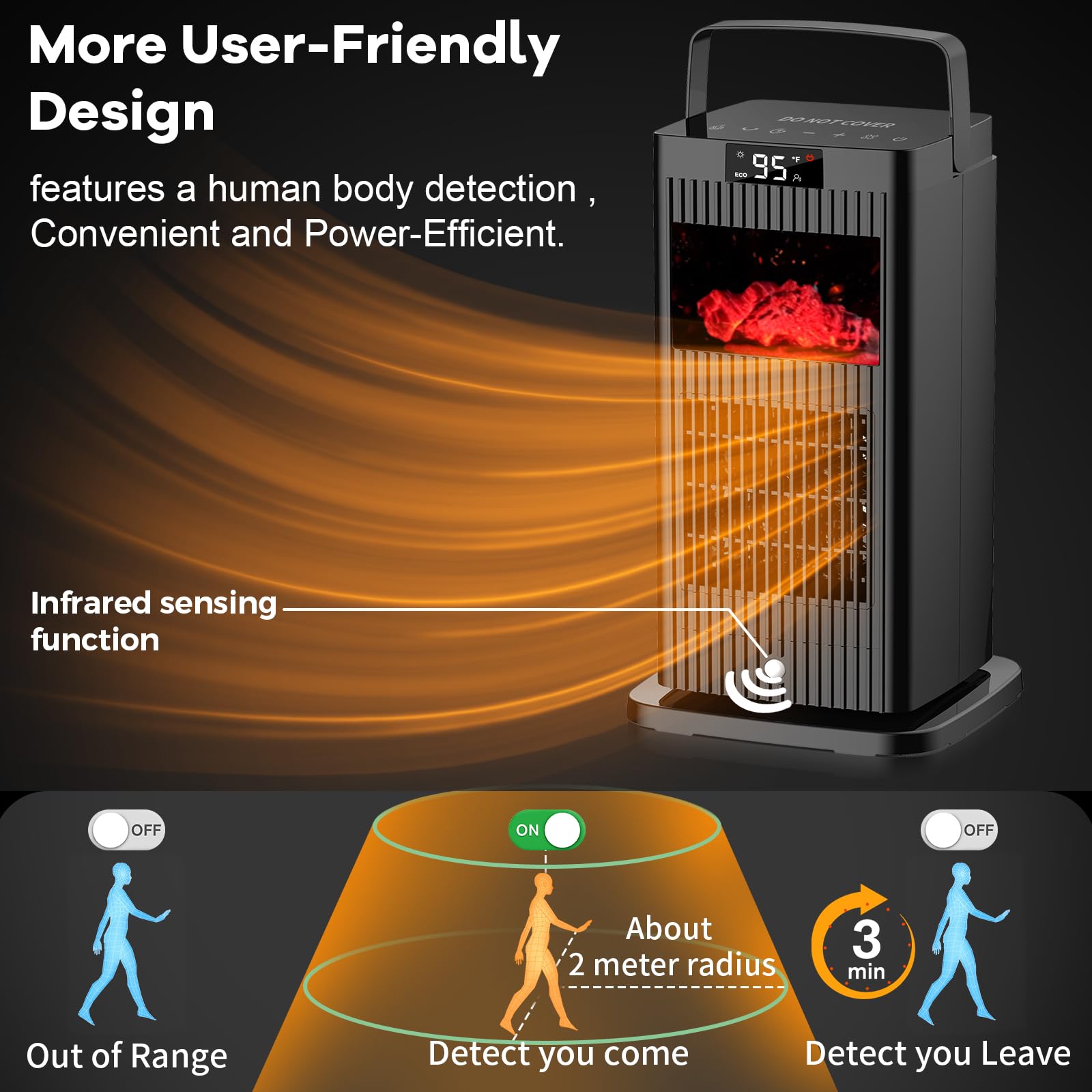 Upgraded 1500W Portable Electric Ceramic Space Heater with Infrared Sensor & Fireplace Flame Effect - Fast Heating Oscillating Room Heater for Indoor Use in Bedroom, Office, Desk, Garage - Perfect for Winter Warmth & Home Decor