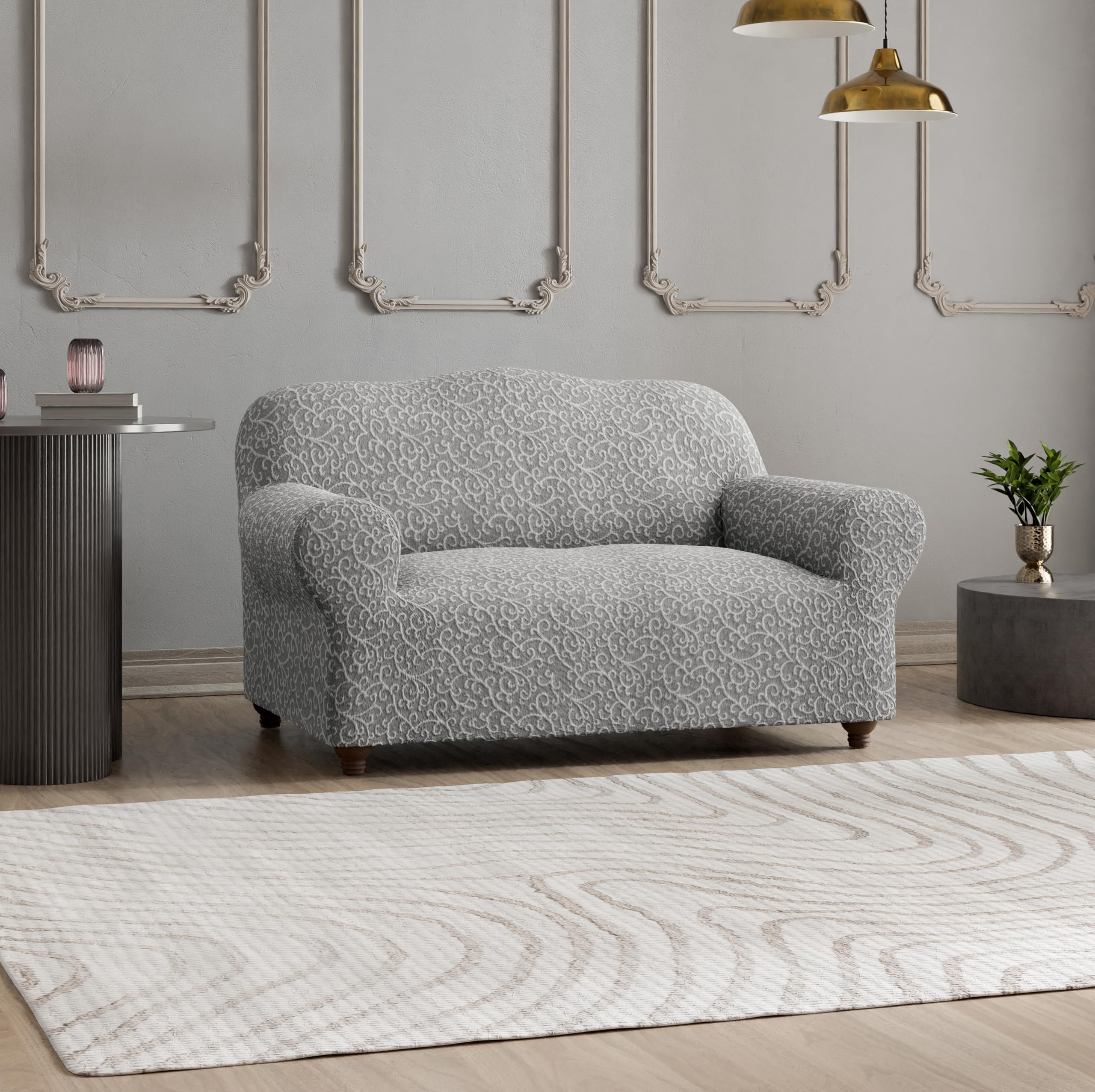 PAULATO BY GA.I.CO. Stretch Loveseat Slipcover - Oversized Chair Cover, Sofa Protector - Washable Jacquard 3D Fabric - Grey Arabesco Design - Perfect for Living Room, Bedroom & Home Decor
