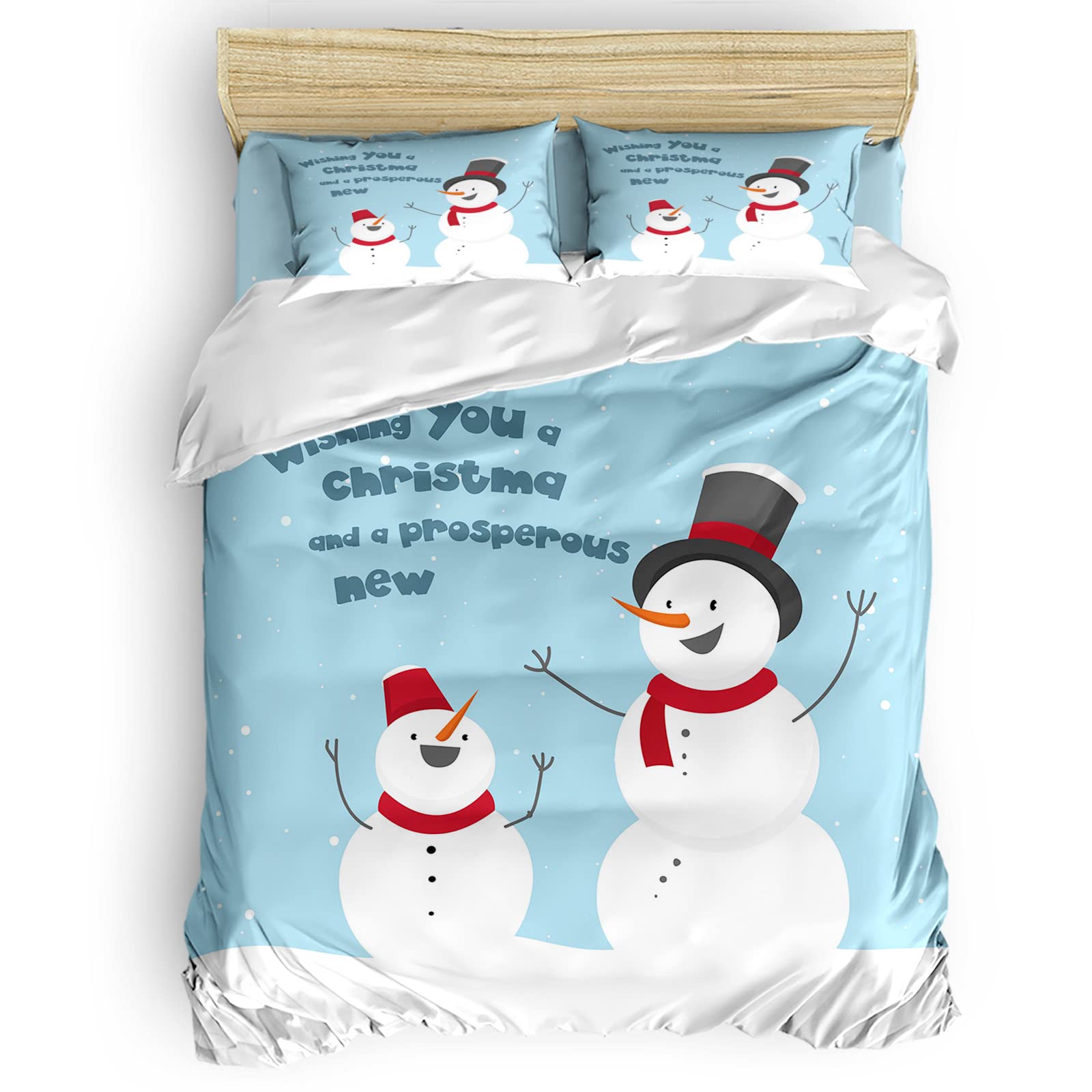 4Pcs Queen Size Christmas Duvet Cover Set - Cute Santa Claus & Snowman Holiday Bedding with Zipper Closure | Merry Christmas Bed Sheet Set for Festive Home Decor & Cozy Winter Nights