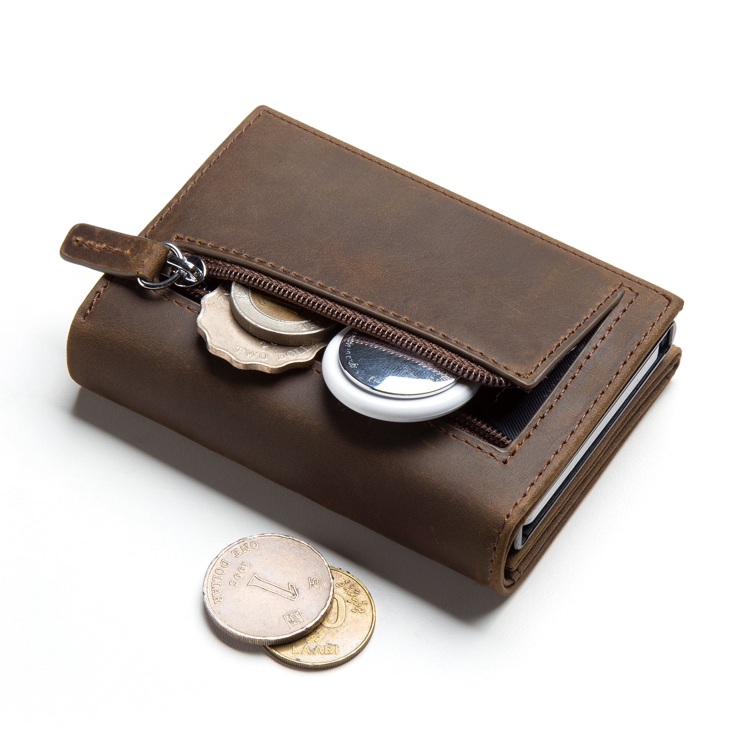 VC302P Genuine Crazy Horse Leather Tri-Fold Wallet with Side Slider Mechanism, Back Zipper Slot & Magnetic Closure - Perfect for Men's Everyday Carry, Business & Travel Use