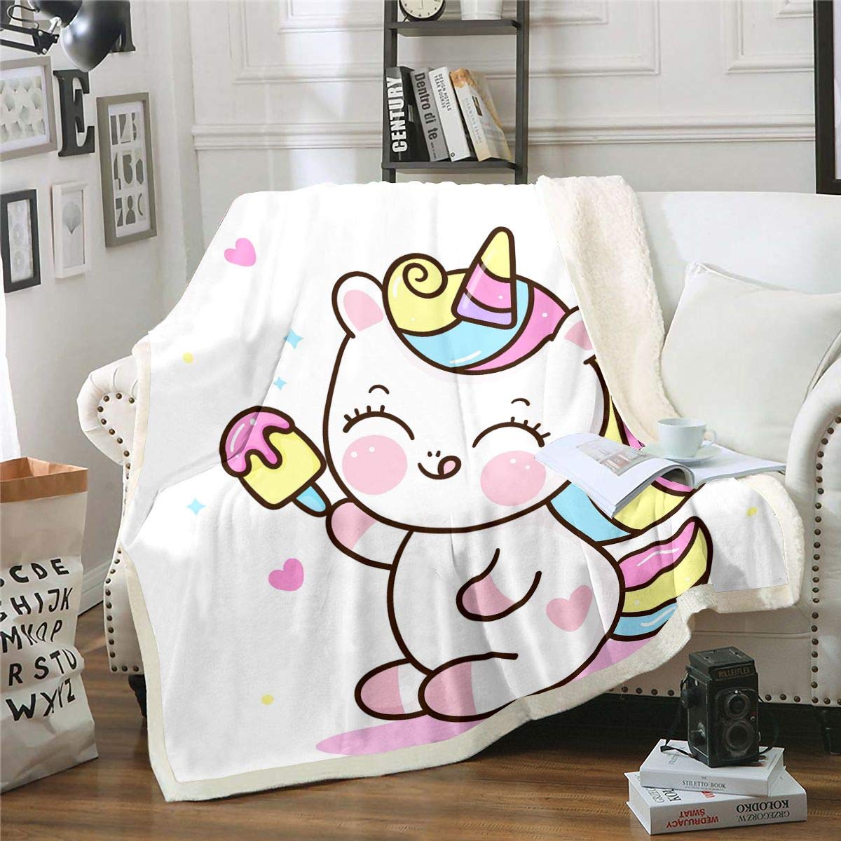 **Unicorn Plush Blanket for Kids - Soft Fleece & Sherpa Throw Blanket with Fairy Cartoon Pattern, 87x95 Inch King Size - Cute Magical Animal Decor for Bed, Sofa, Couch - Pink & White Fuzzy Blanket for Cozy Room Decor & Gift**    *(Perfect for Kids' Bedrooms, Movie Nights, Sleepovers, and Magical Themed Parties!)*