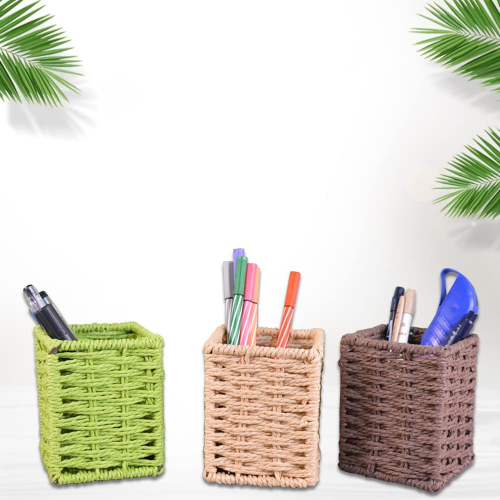 Ochine Handmade Woven Rattan Pencil Holder - 1 Pack Natural Wicker Pen Cup & Makeup Brush Organizer, Desktop Storage Basket for Home, Office, School Desk Accessories | Perfect for Organizing Stationery, Cosmetics & Small Items on Your Workspace