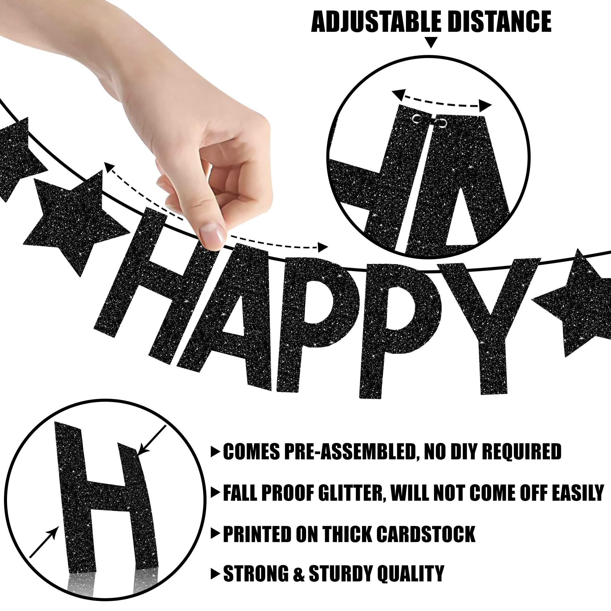 Katchon Glitter Happy New Year Banner 2025 - Black Party Decor with 2 Pre-Assembled Strings | New Year's Eve Party Supplies for Wall Decorations | Perfect for NYE Countdown, Home Celebration & Holiday Photo Backdrop