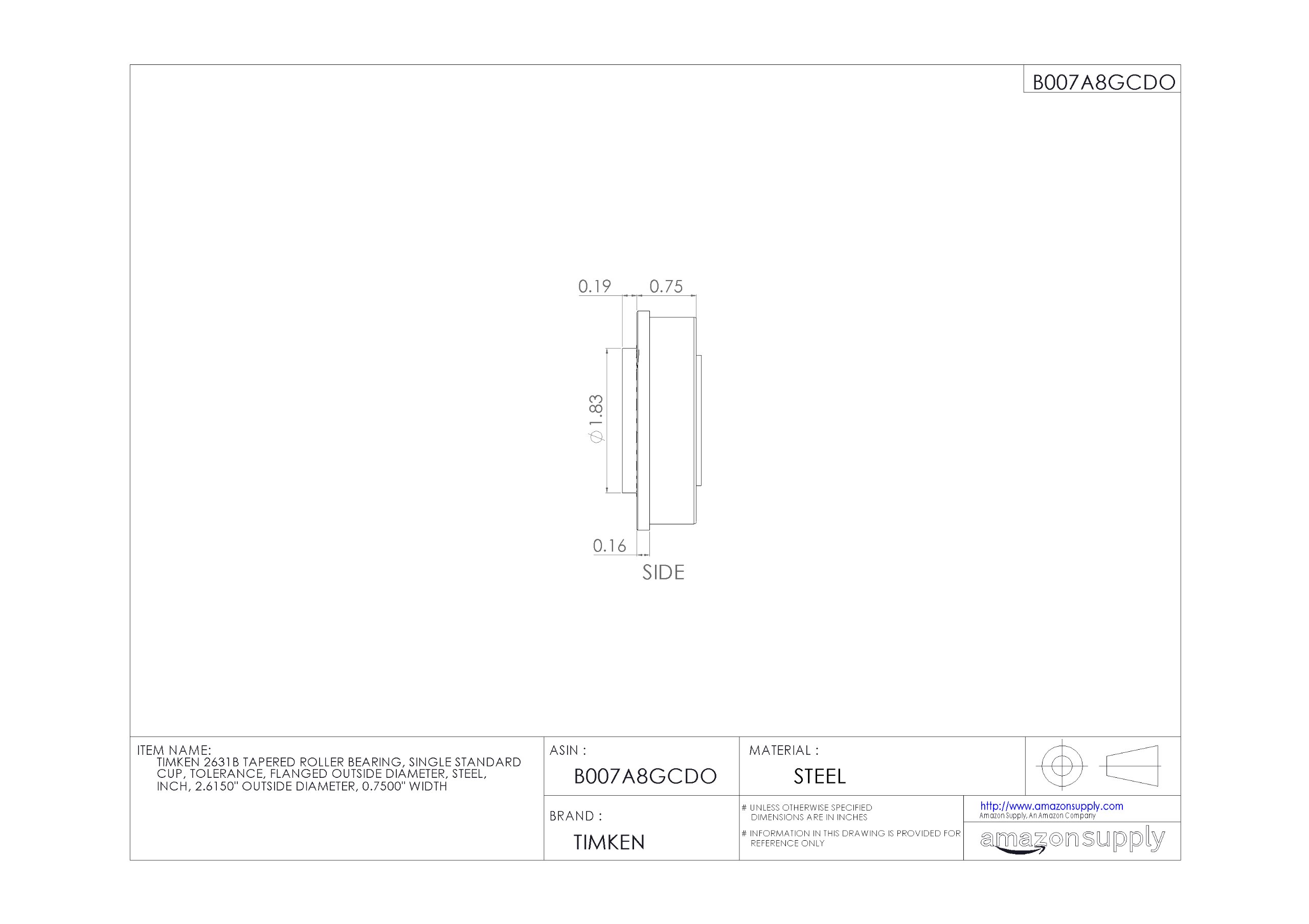 Timken 2631B Tapered Roller Bearing - Single Cup, Standard Tolerance, Flanged OD, Steel Construction, 2.615