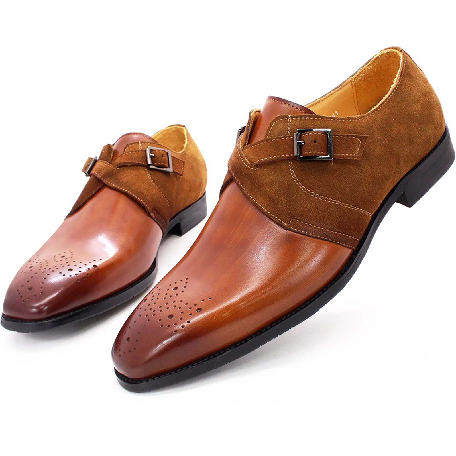 Men's Oxford Dress Shoes - Buckle Slip On Monk Strap Leather Shoes | Non-Slip Brogues for Wedding & Office | Brown Size 39 | Classic Formal & Business Attire