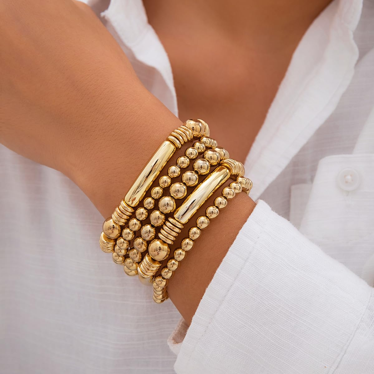 Jumwrit 5pcs Layered Beaded Bracelets Set for Women - Dainty Stretch Elastic Round Ball Beads Chain Tube Bangle Boho Stackable Bracelets - Trendy Jewelry for Girls & Teens - Perfect for Casual Wear, Parties, and Gifts