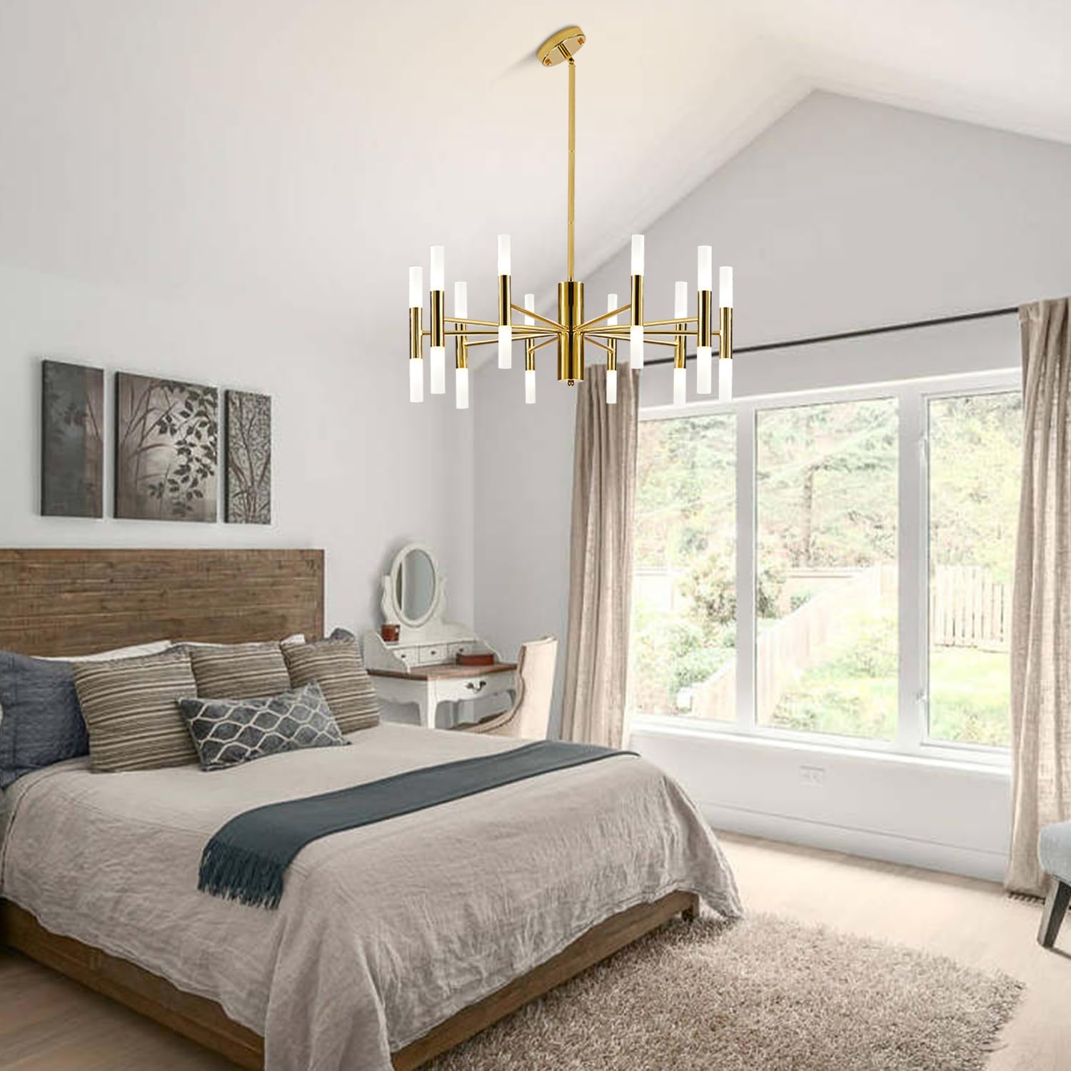 BOKT Modern 20-Light LED Sputnik Chandelier - Mid Century Pendant Light with Acrylic White Shades & Gold Finish - Semi Flush Mount Ceiling Fixture for Dining Room, Living Room, Bedroom (Small Size)