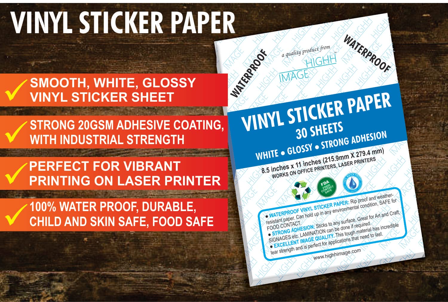 Laser Printer Sticker Paper - White Glossy 8.5x11 Inches - 1 Sheet 20 GSM Biodegradable - Perfect for Labels, Crafts & DIY Projects