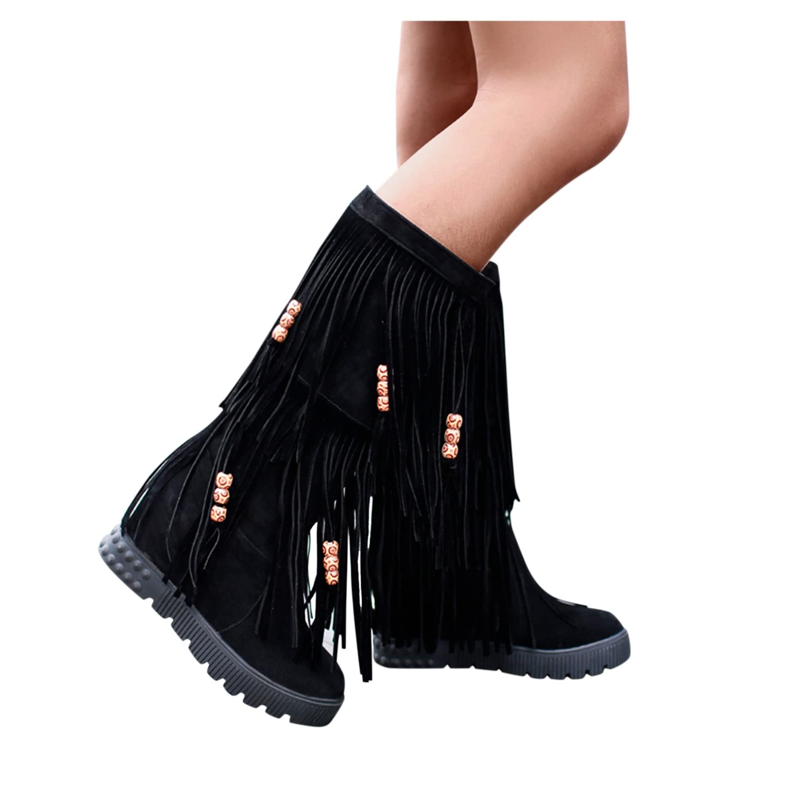Women's Winter Fashion Boots - Breathable Flats with String Beads & Tassel - Retro Thigh High Boots in Pure Colors (Black, Size 9) | Perfect for Holiday Parties & Cold Weather Outfits