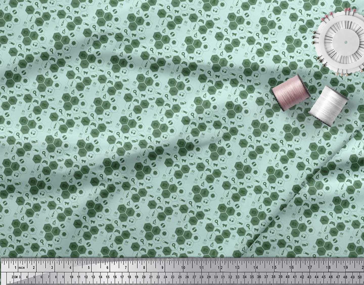 Soimoi 42 Inch Wide Poly Georgette Fabric - Green Printed with Camera, Headphones & Megaphone Design - Sold by The Yard - Perfect for DIY Fashion, Home Decor & Craft Projects
