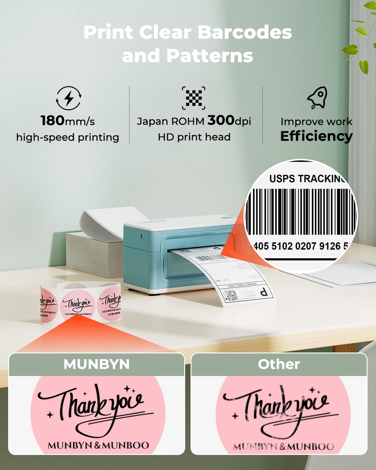 MUNBYN 941B Wireless Bluetooth Thermal Label Printer - 300DPI 4x6 Shipping Labels for Small Business | Compatible with Windows, Mac, iOS, Android | Works with Amazon, eBay, Shopify, Etsy & USPS | Green | Perfect for Home Office & E-commerce Shipping