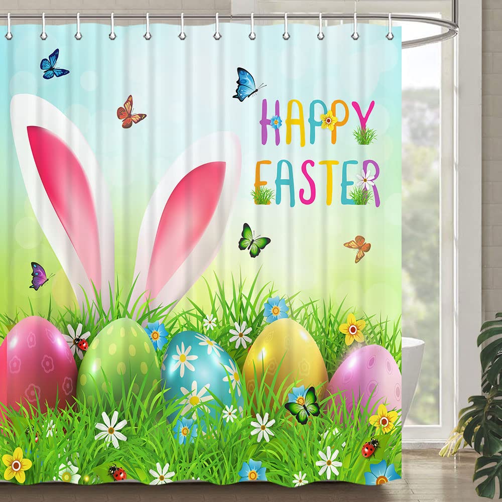 Easter Bunny Shower Curtain with Colorful Eggs - 72x72 Inch Spring Holiday Bathroom Decor, Cute Rabbit Fabric Shower Curtain Set with Hooks - Perfect for Easter Decorations, Bathroom Refresh, and Seasonal Home Decor