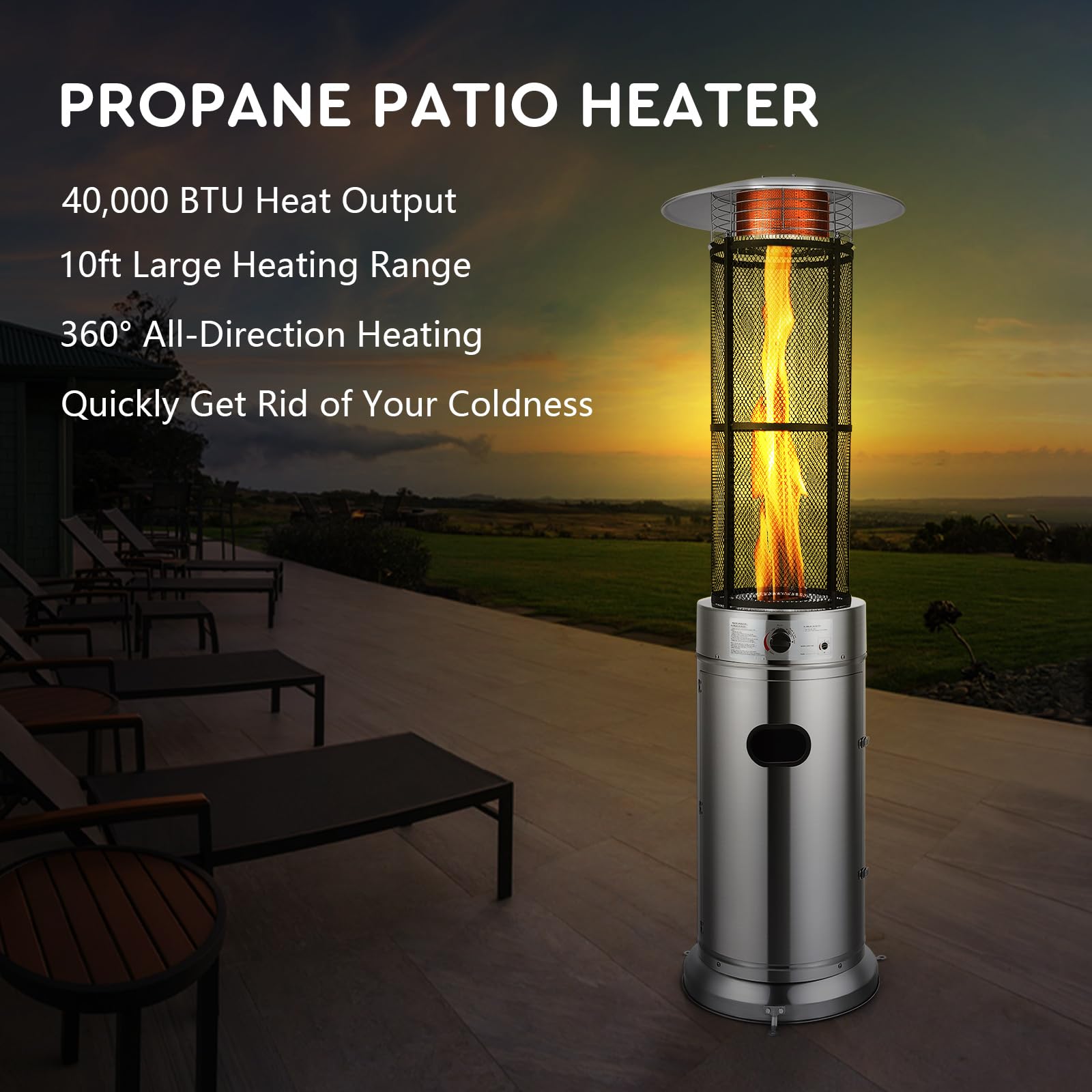 Giantex 48,000 BTU Stainless Steel Propane Patio Heater with Wheels & Dancing Flame - Outdoor Quartz Glass Tube Space Heater for Backyard, Deck, Balcony, Restaurant, BBQ Party - Perfect for Winter Gatherings & Outdoor Dining (Silver)