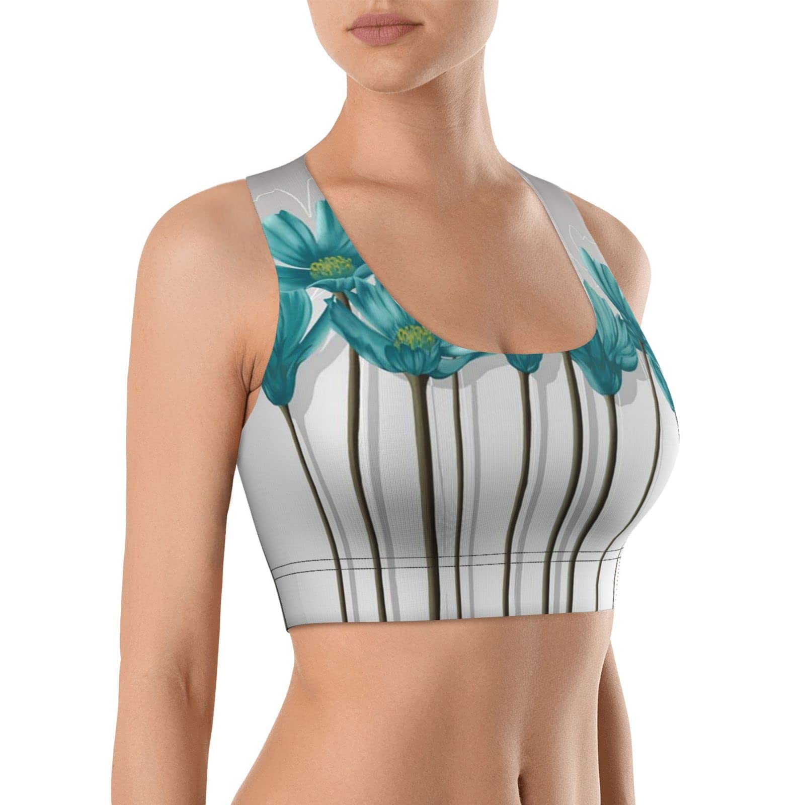 Teal Grey & White Abstract Floral Women's Sports Bra - Yoga, Workout & Training Top with Racerback Support | Perfect for Gym, Running & Active Lifestyle
