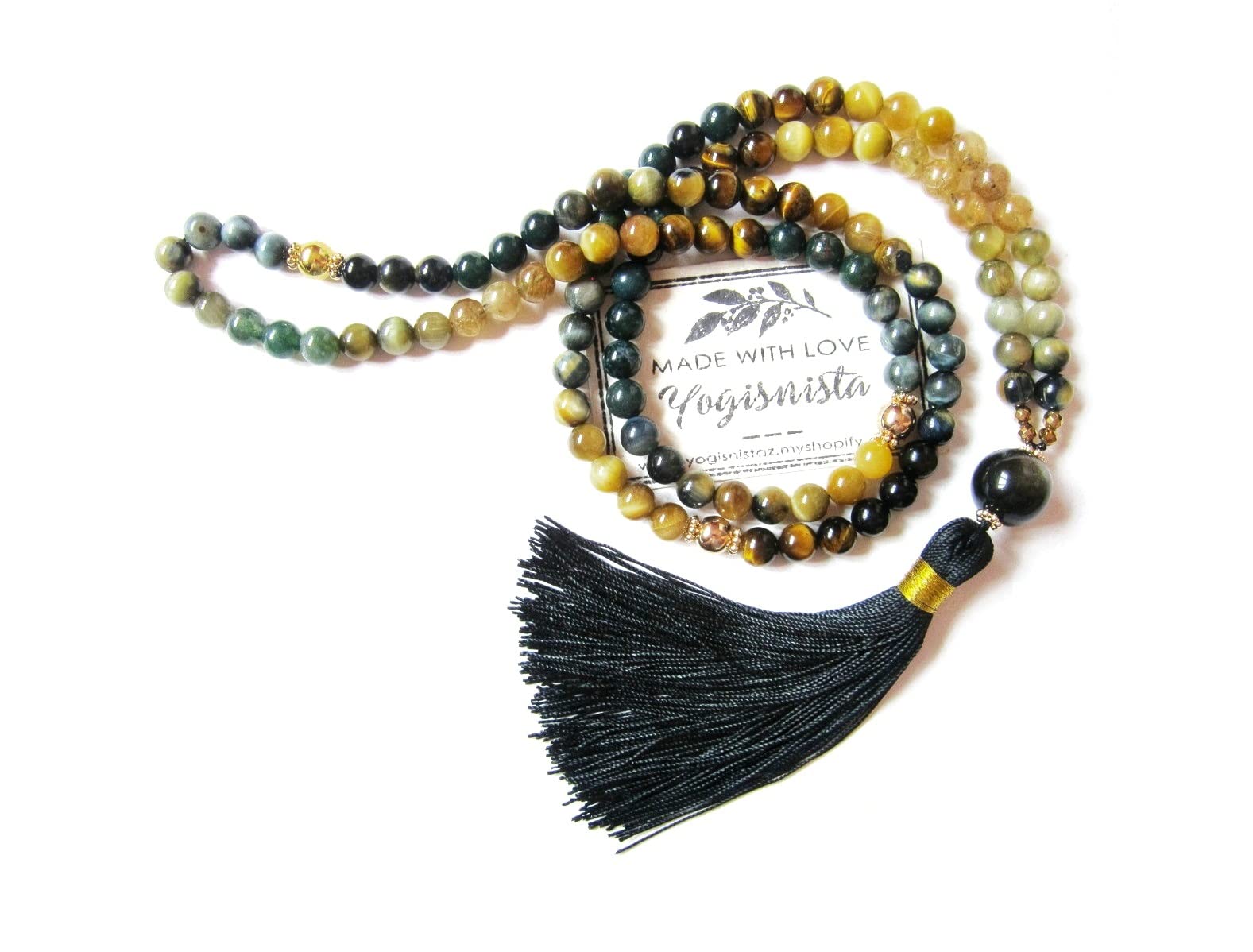 Blue Tiger Eye & Bloodstone Mala Necklace for Protection, Abundance & Good Luck | Honey Mustard & Black Obsidian Beaded Necklace | Cat's Eye & Gray Tiger Eye Spiritual Jewelry | Perfect Christmas Gift for Meditation, Yoga & Positive Energy