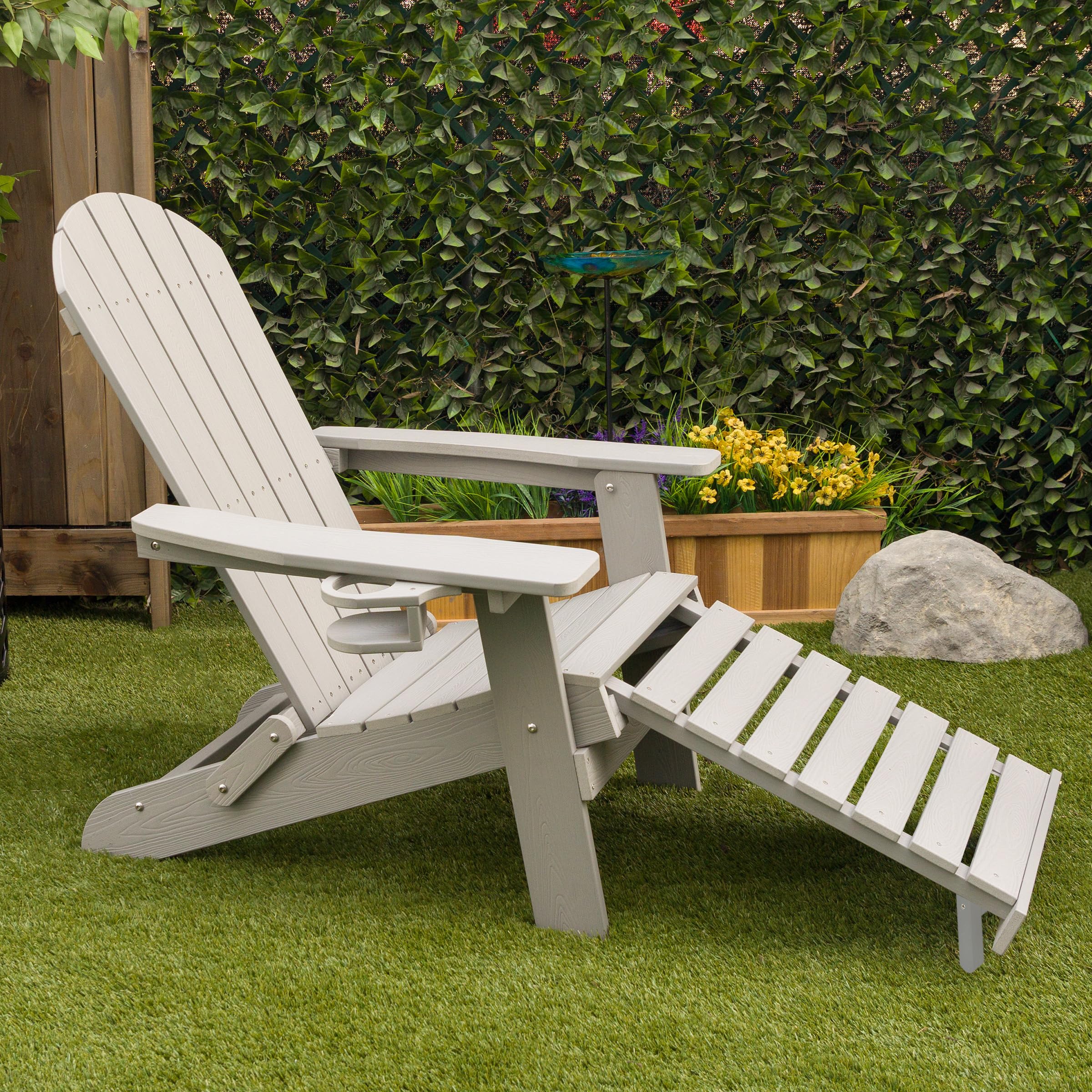 Alpine Corporation MFW104LGR Folding Adirondack Chair with Cup Holder & Ottoman - Outdoor Patio Furniture for Garden, Deck, Poolside & Backyard Relaxation - 38 Inch Height, Gray