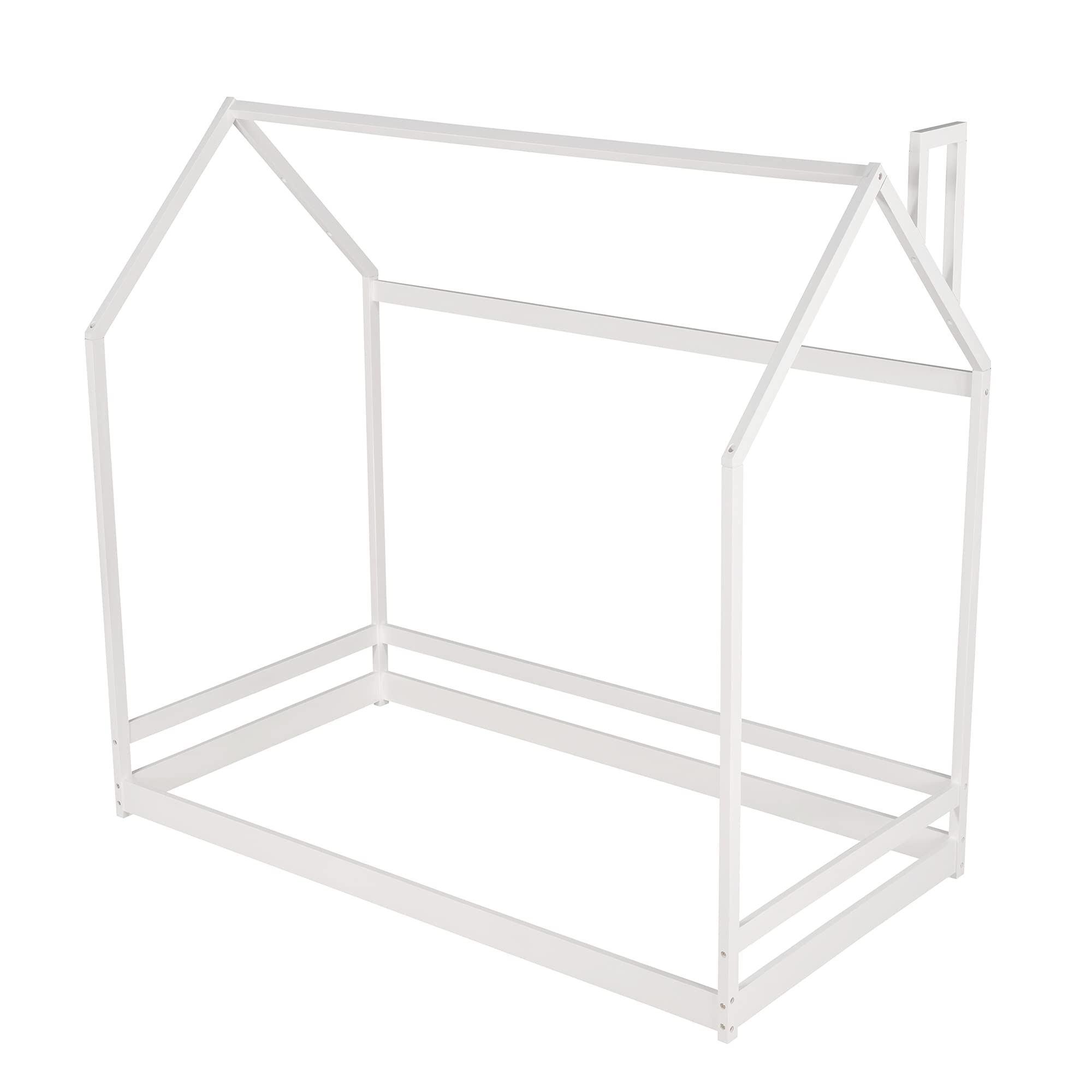 Solid Wood House Bed Frame with Roof Design - No Box Spring Needed, Space-Saving Wooden Floor Bed for Kids | Easy Assembly in White | Perfect for Boys & Girls Bedrooms, Playrooms & Small Spaces