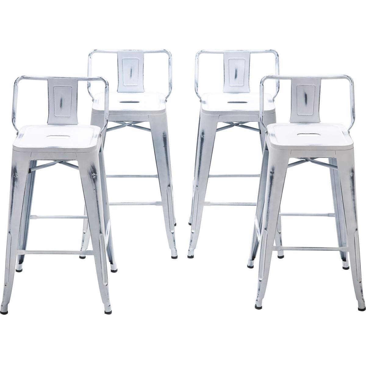 Changjie Furniture Set of 4 Industrial Metal Bar Stools with Backs - 26 Inch Distressed White Counter Height Stools for Bistro, Cafe & Home Kitchen Use
