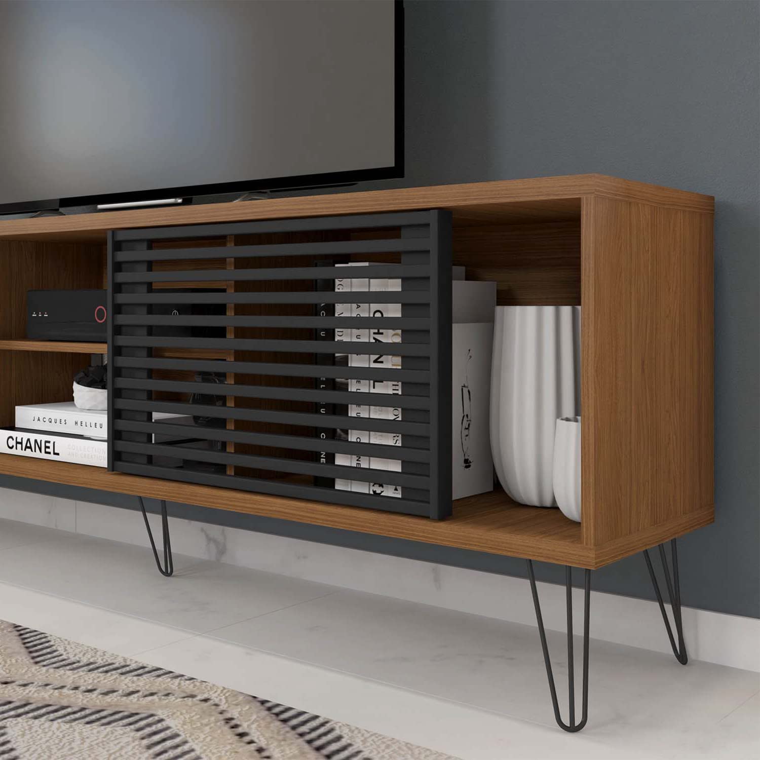 Better Home Products Mid-Century Modern TV Stand for 70 Inch TVs - Dark Walnut & Black Finish - Easy Assembly - Perfect for Living Rooms, Bedrooms & Home Theaters