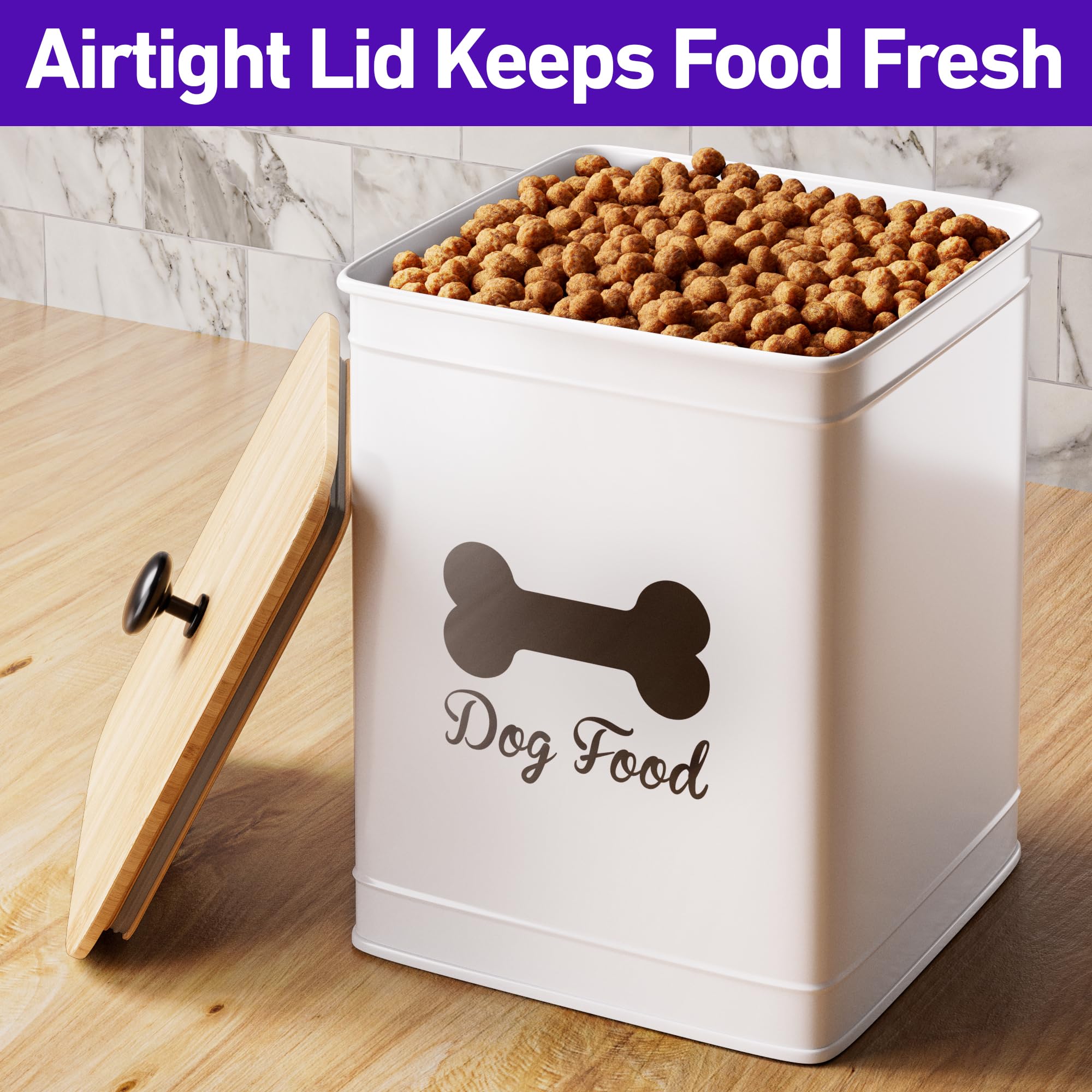 Airtight Dog Food Storage Container with Bamboo Lid - 5-10 lb (25 Cup) Capacity for Fresh Kibble - White Metal Pet Food Bin with Sturdy Handle for Dogs up to 50 lbs - Perfect for Kitchen, Pantry, or Pet Feeding Station Organization