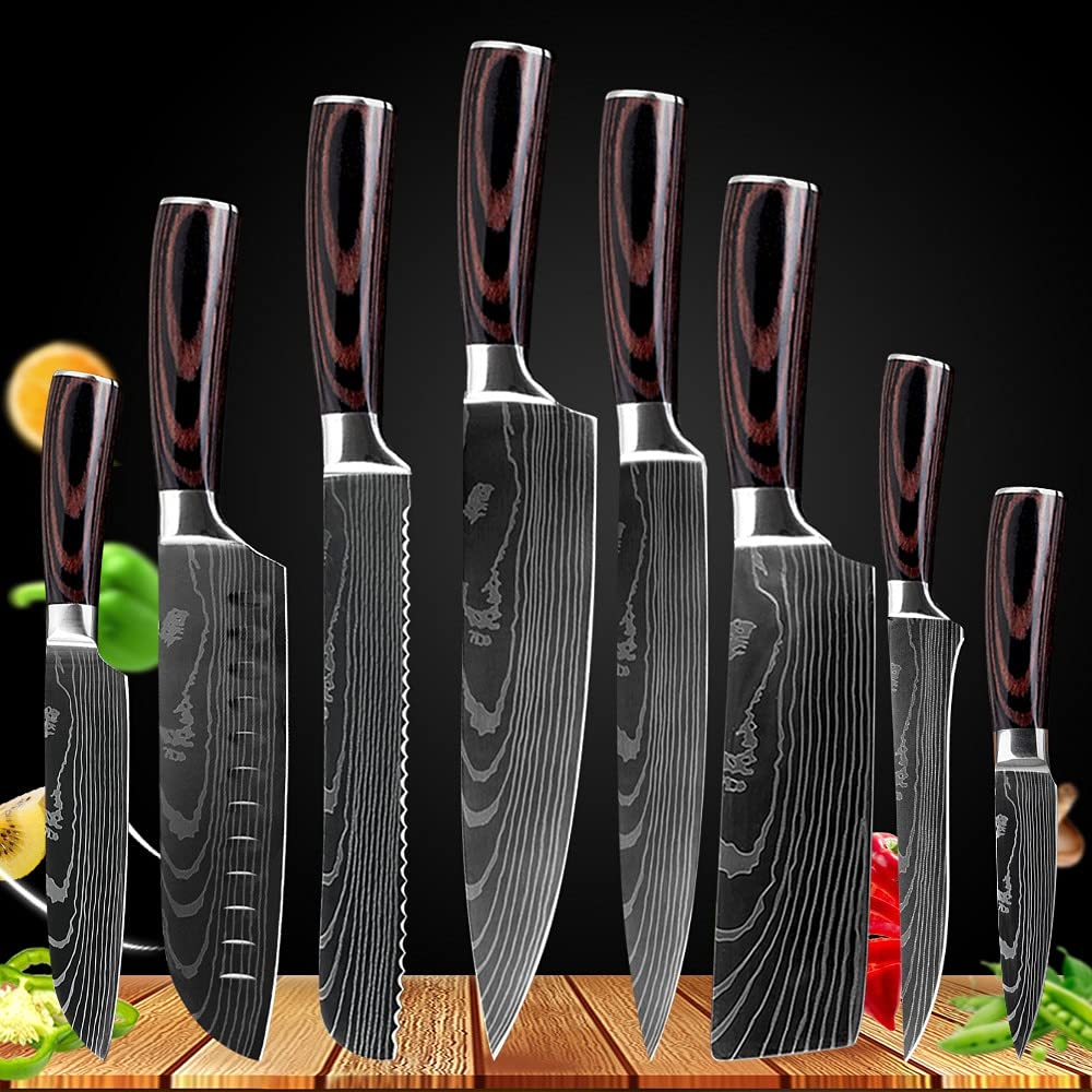 Premium Damascus Steel Japanese Chef Knife Set - 8-Piece Kitchen Knife Collection with Santoku, Utility & Slicing Knives for Professional Cooking & Food Preparation | Perfect for Home Chefs & Culinary Enthusiasts