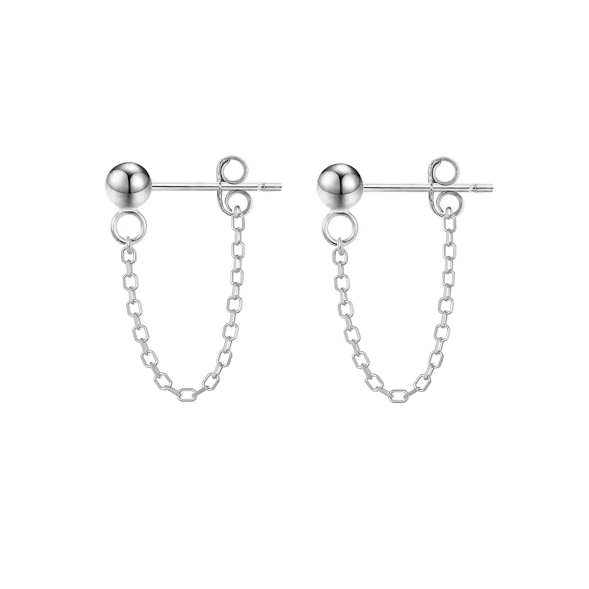 Refeer Minimalist Ball Earrings with Chain Dangle - 925 Sterling Silver Stud Earrings for Women & Teens | Elegant Everyday Wear, Party & Gift Jewelry