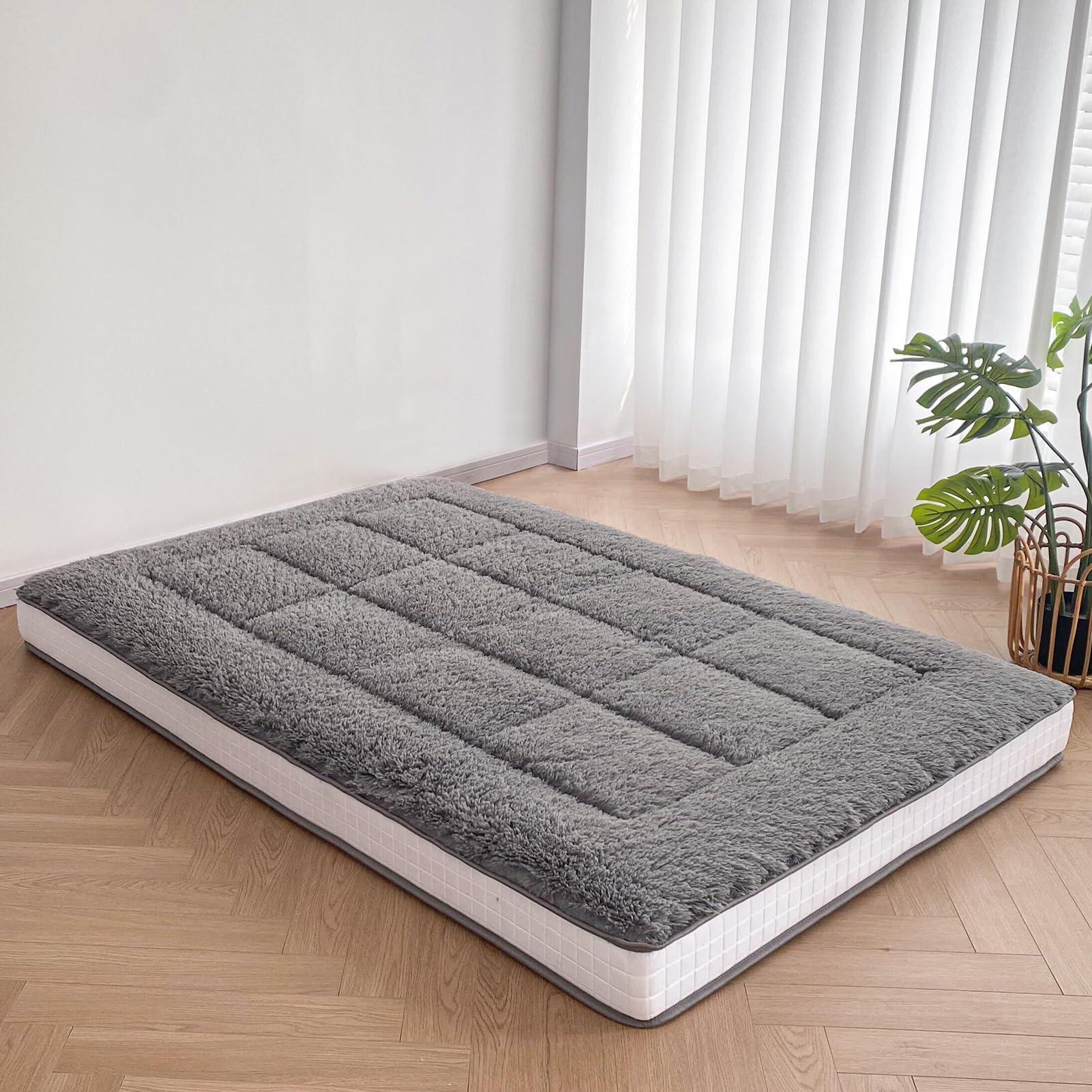 MAXYOYO 6-Inch Extra Thick Fluffy Floor Futon Mattress - Plush Square Quilted Mattress for Adults & Guests - Dark Grey - Perfect for Living Rooms, Guest Beds & Sleepovers