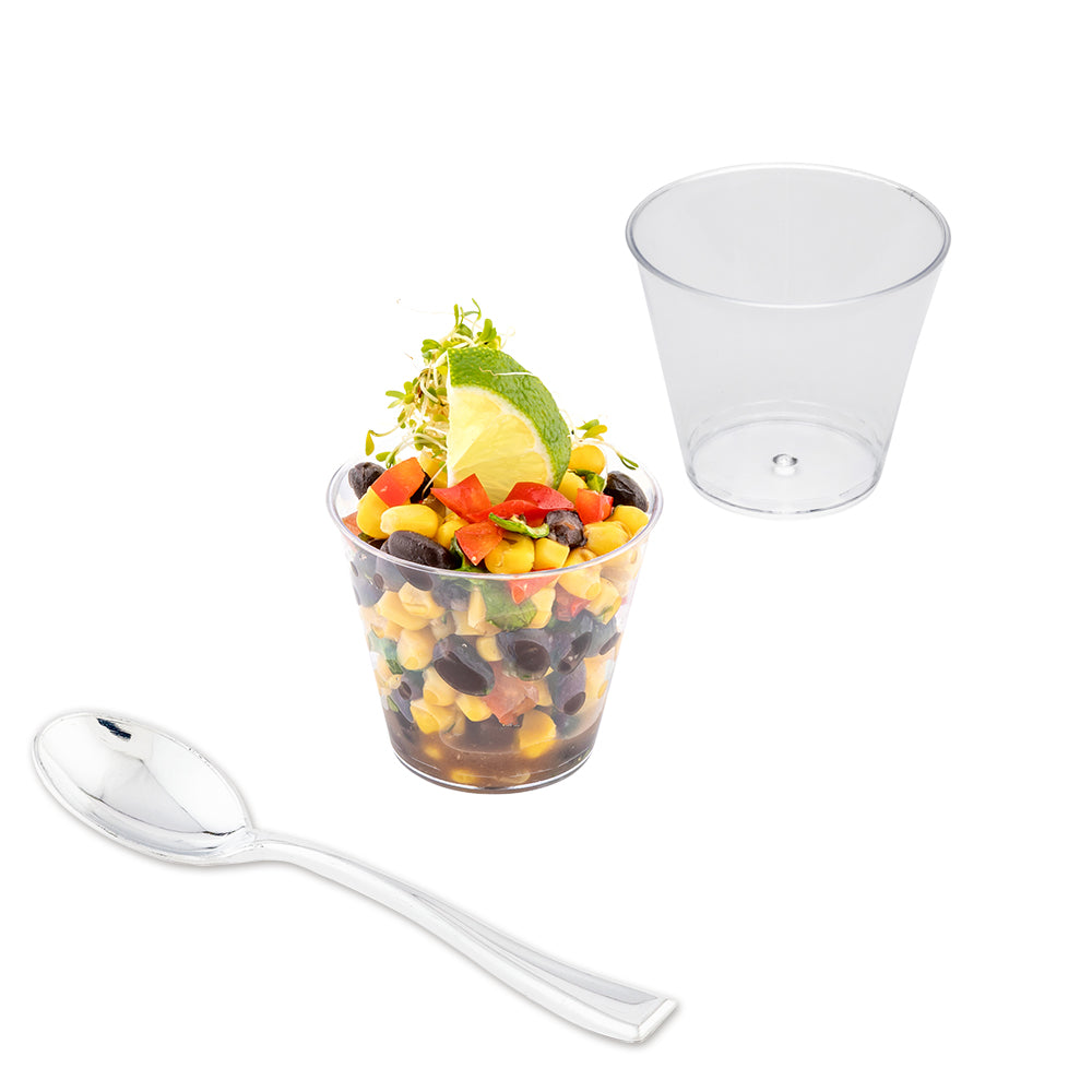 100 Pack 4 oz Clear Plastic Dessert Cups with 100 Silver Mini Spoons - Perfect for Ice Cream, Pudding, and Party Serving Disposable Tableware