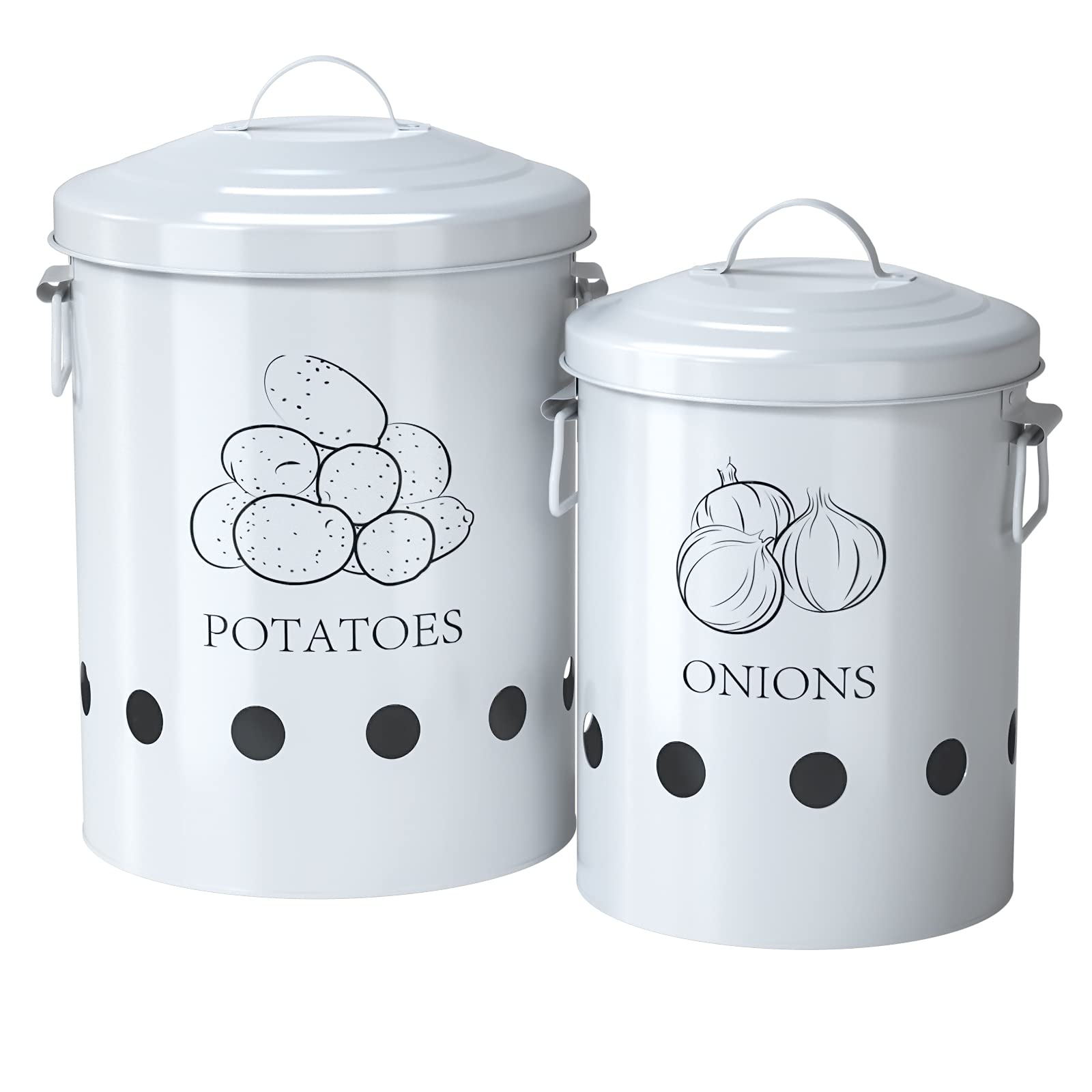 Vintage Potato Onion Storage Canisters Set of 2 - Antique Cream Kitchen Storage Jars with Aerating Holes & Metal Lids - Perfect for Pantry, Countertop, and Farmhouse Style Kitchen Organization