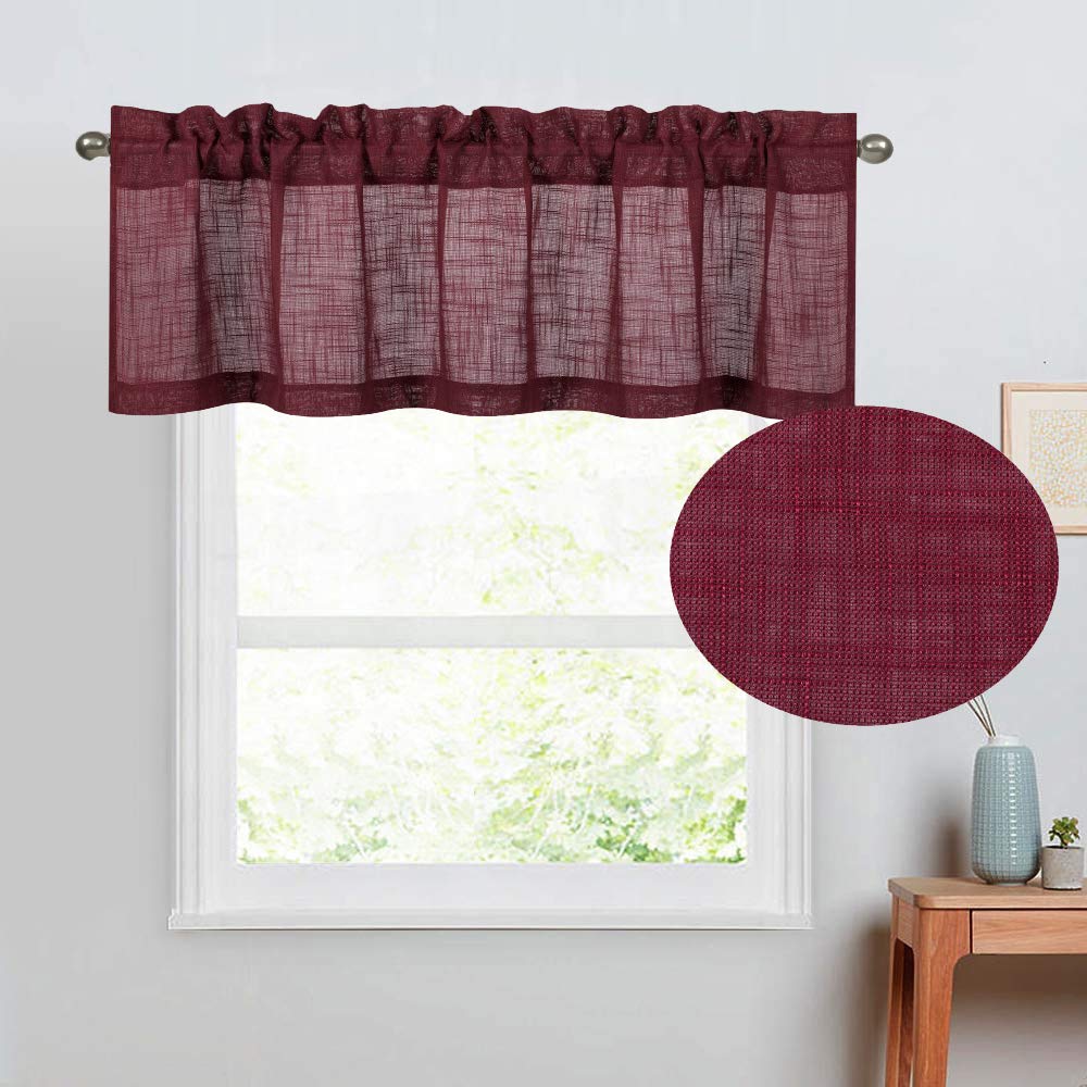 Diamond Home Linen Semi-Sheer Window Valance - 52 x 18 Inches, Burgundy - Elegant Curtain Top Treatment for Small Windows, Bedroom & Living Room Decor