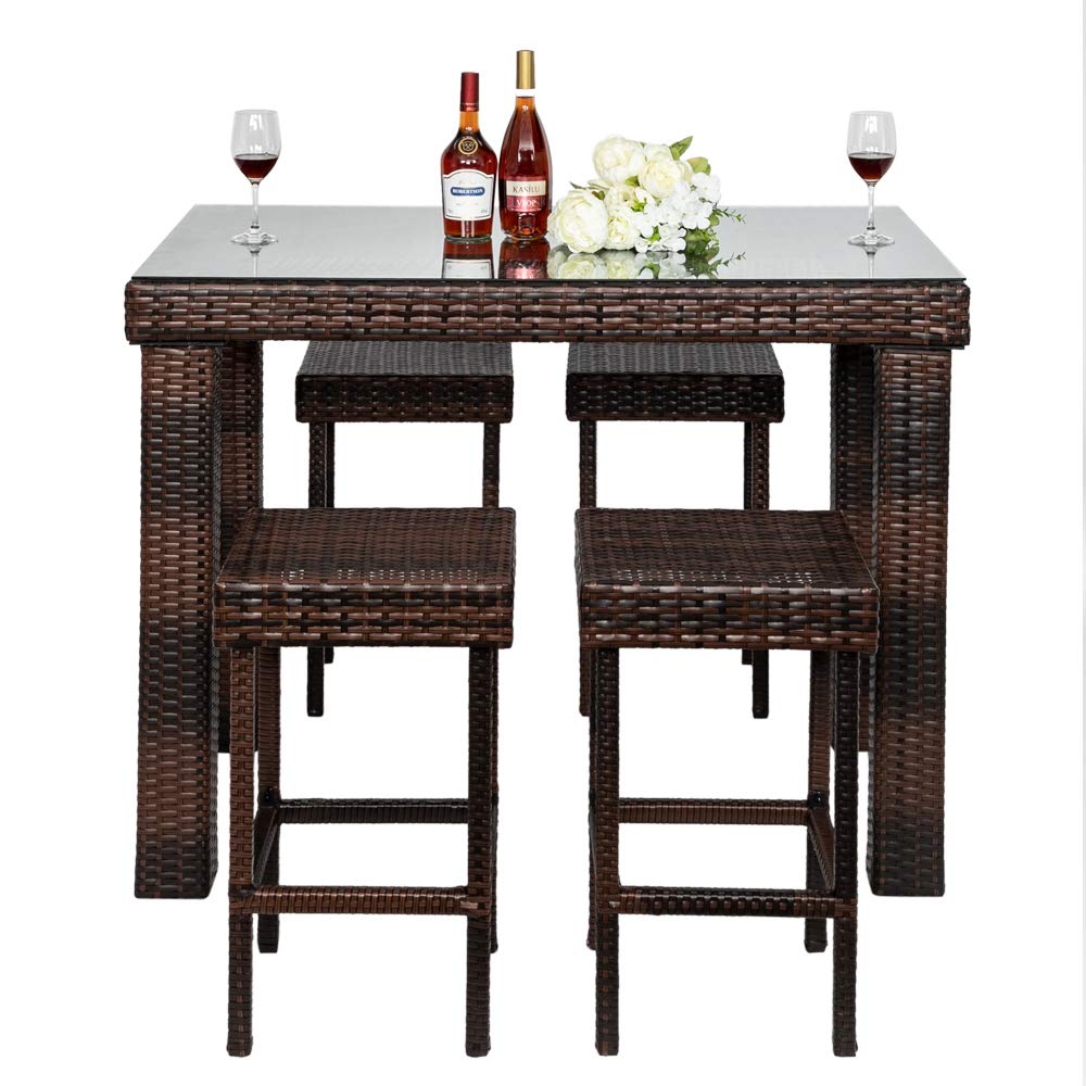 5PCS Rattan Wicker Bar Stool Set - Brown Gradient Patio Dining Furniture for Outdoor, Garden, Restaurant & Cafe Use