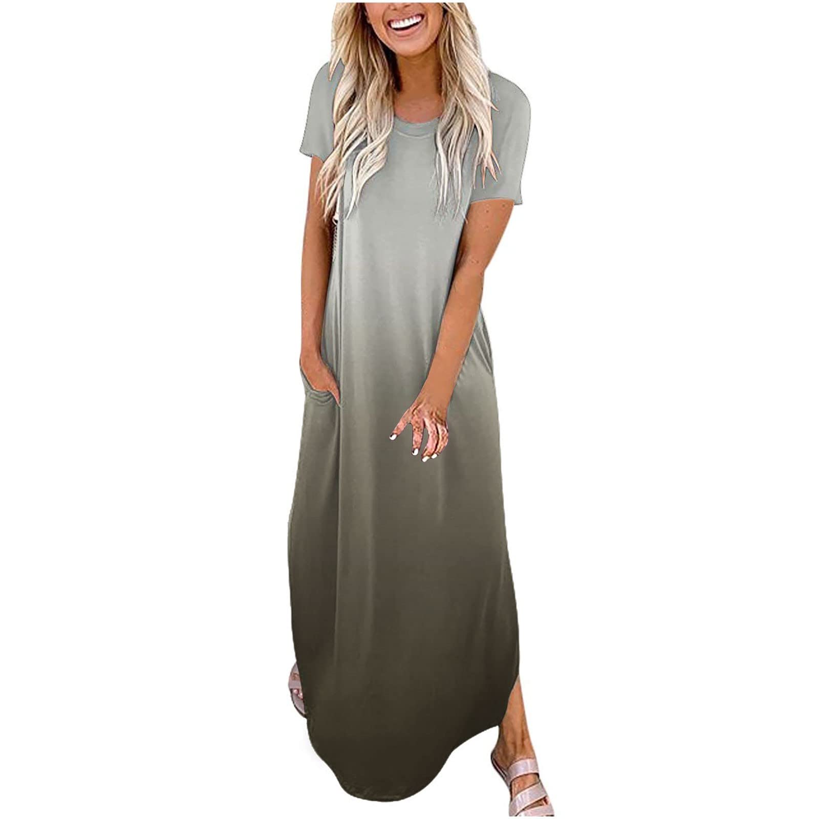 Women's Summer Casual Dress - Gradient Color Print, Short Sleeve, O-Neck, Irregular Split Hem - Perfect for Beach Vacations, Holidays & Casual Outings