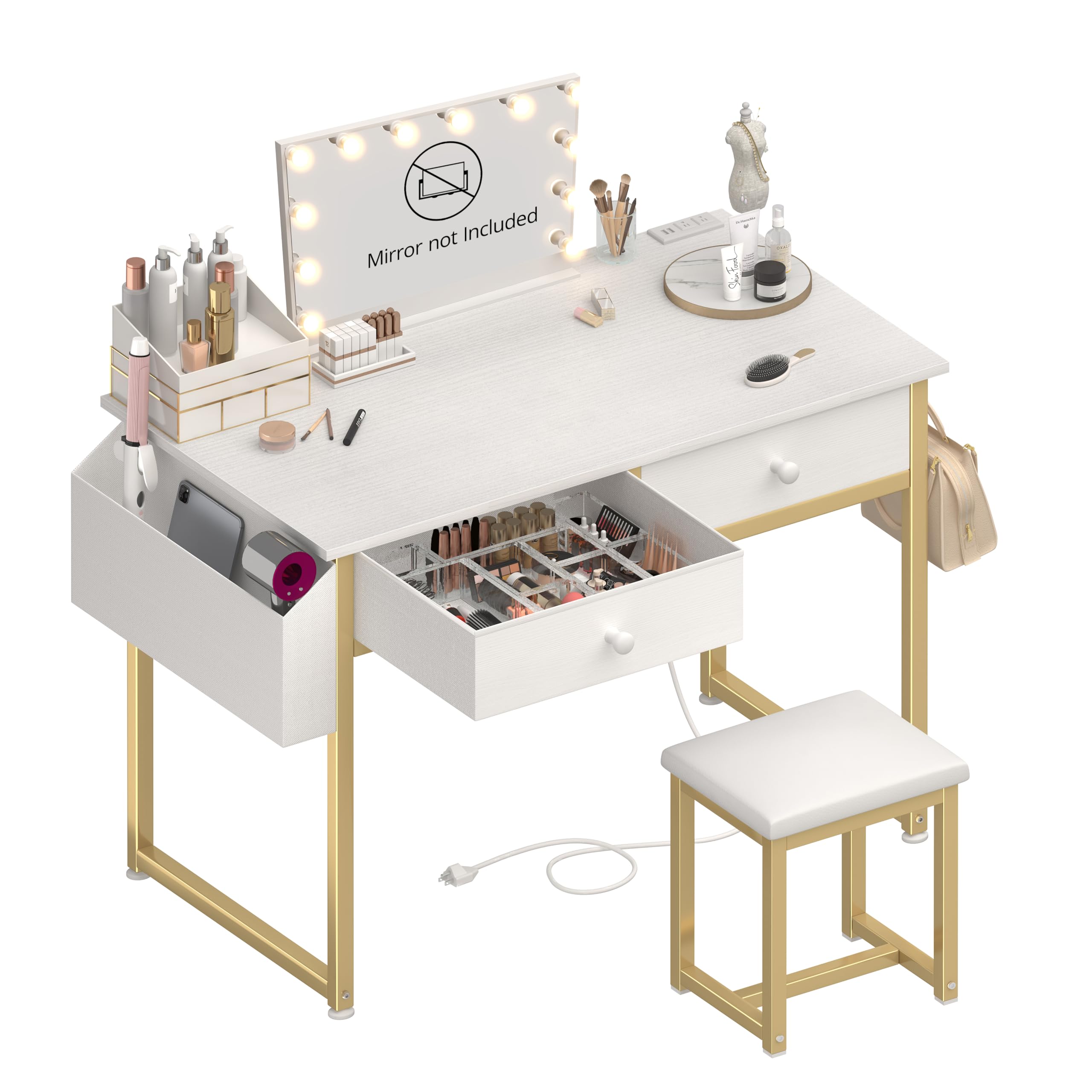 Modern White Kids Makeup Vanity Desk Set with Chair & Fabric Drawers - No Mirror, Power Outlet Included - Perfect Dressing Table for Girls' Bedroom & Playroom