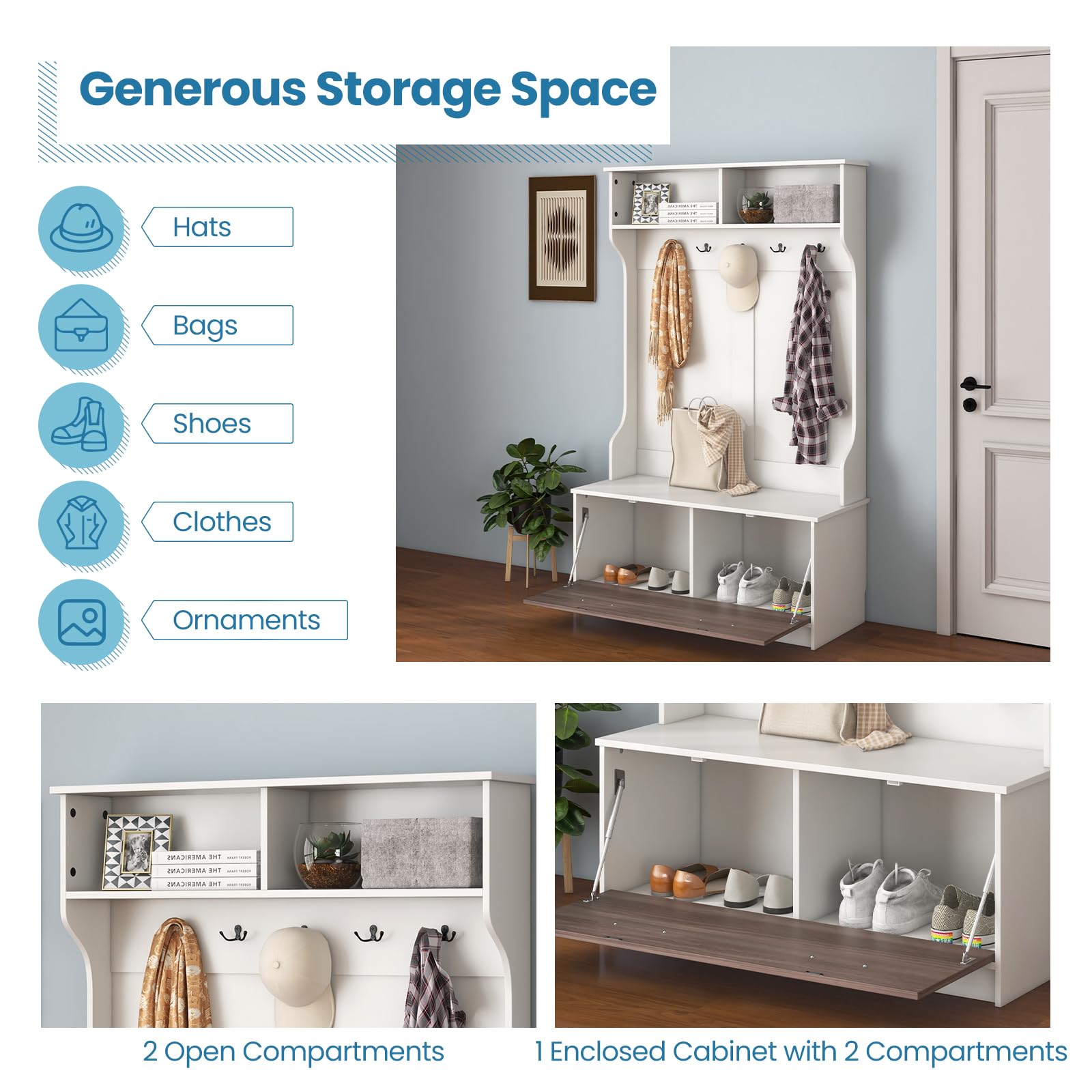 **Tangkula Hall Tree with Coat Rack & Storage Bench - 5 Double Hooks, Freestanding Entryway Organizer for Home, Bedroom, Mudroom - White | Perfect for Small Spaces, Entryway Storage & Shoe Organization**