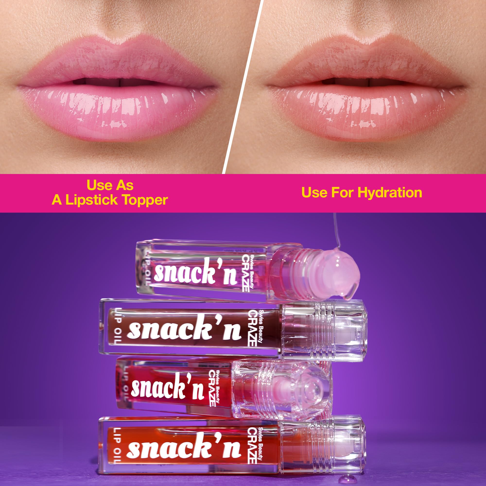 SWISS BEAUTY Craze Snack'N Nourishing Lip Oil with Vitamin E & Hyaluronic Acid - Glass-Like Shine, Hydrating & Plumping - Apple Tart Shade (4.5ml, Pink) | Perfect for Daily Moisture, Glossy Look & Night Lip Care