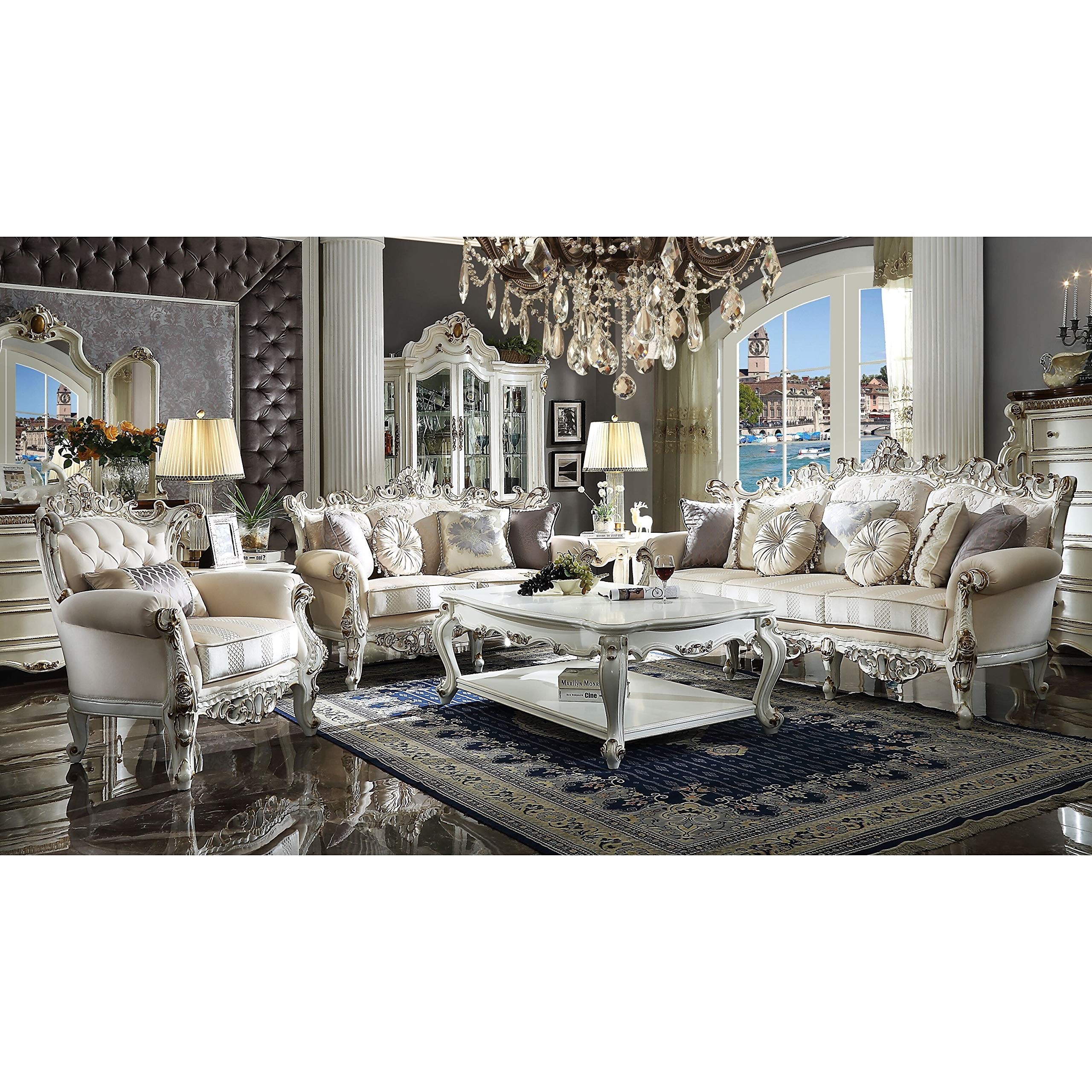 Antique Pearl White Traditional Rectangle Veneer Coffee Table - Elegant Living Room Centerpiece for Home Decor