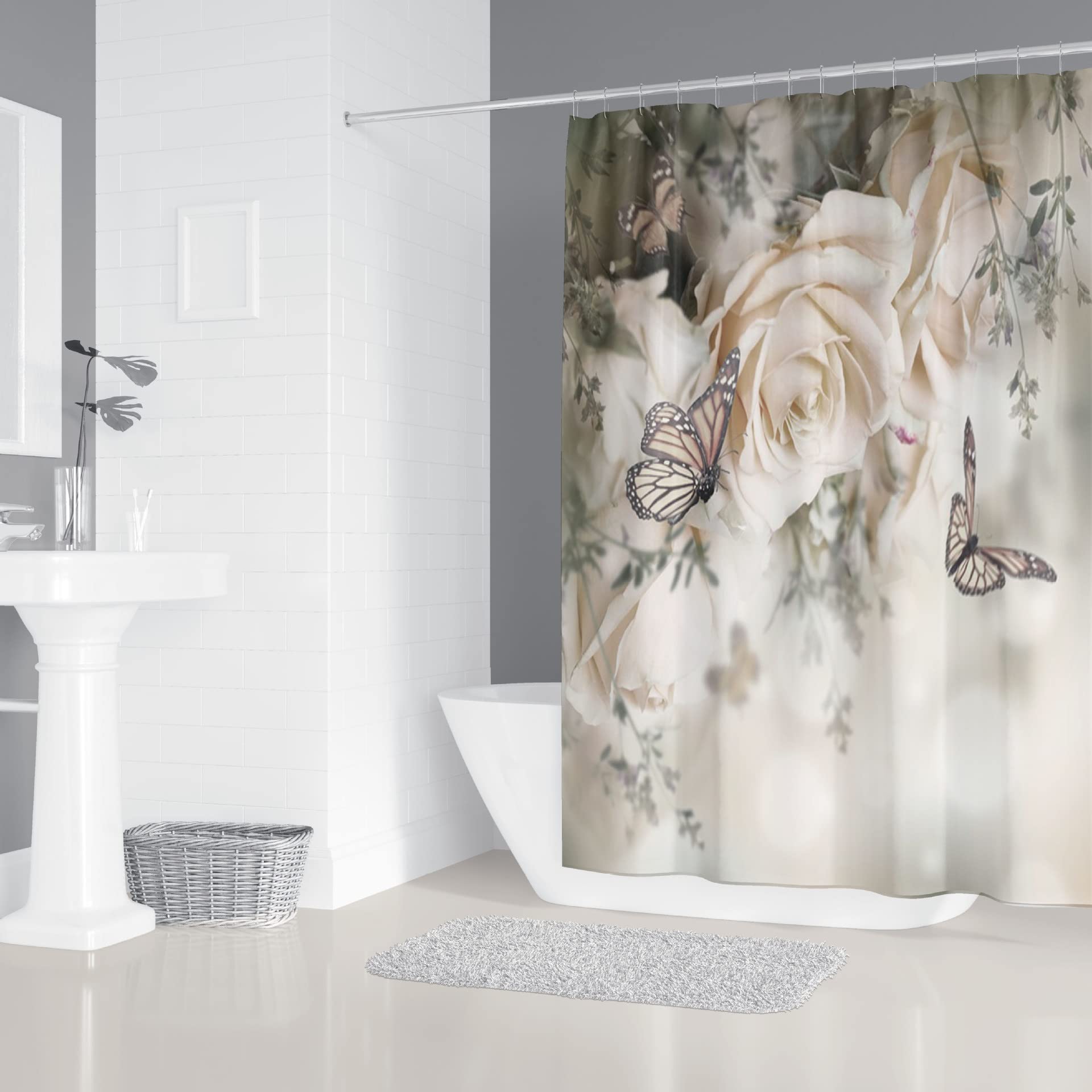 Waterproof Fabric Shower Curtain Liner with Rose Flower & Butterfly Design - 165x180cm Bathroom Decor for Home, Spa & Guest Room Use