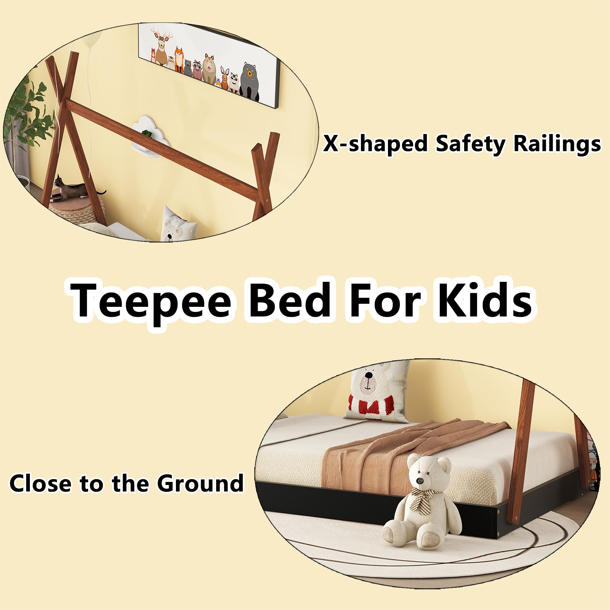 Bellemave Twin Size Tent Floor Bed Frame with Triangle Structure - Teepee Style Montessori Bed for Kids, Girls & Boys - Sturdy Wooden Platform Bed for Playrooms & Bedrooms (Twin, Black + Brown) - Perfect for Imaginative Play & Cozy Sleep Spaces