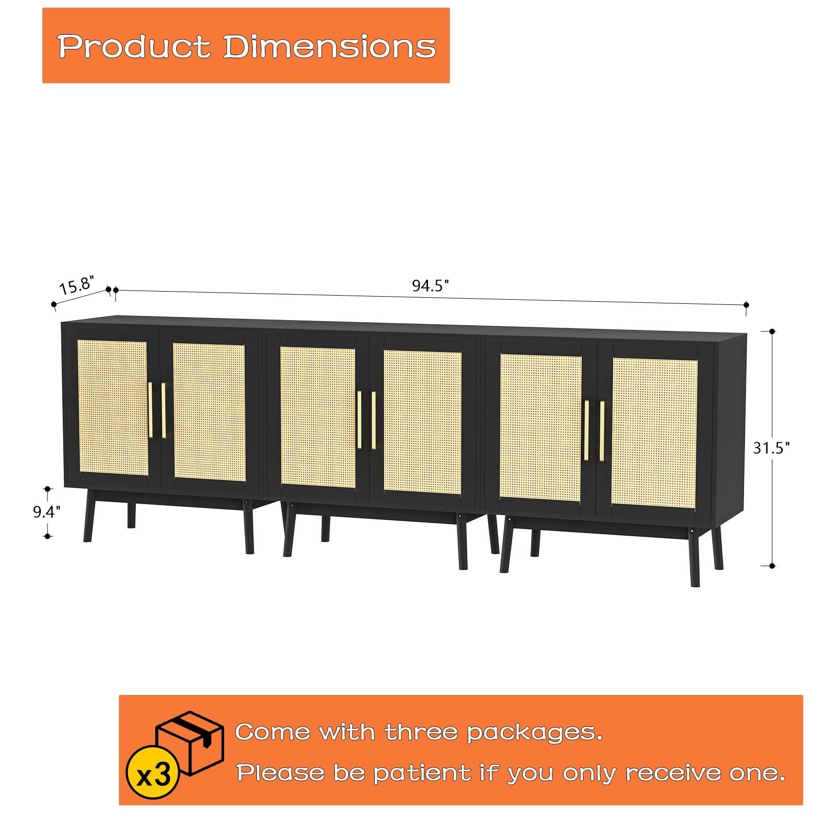 LYNSOM 3-Piece Wooden Sideboard Buffet Cabinet with Rattan Doors - Long Storage Cupboard Console Table for Hallway, Entryway & Living Room - Black Modern Farmhouse Decor for Dining Room & Home Organization