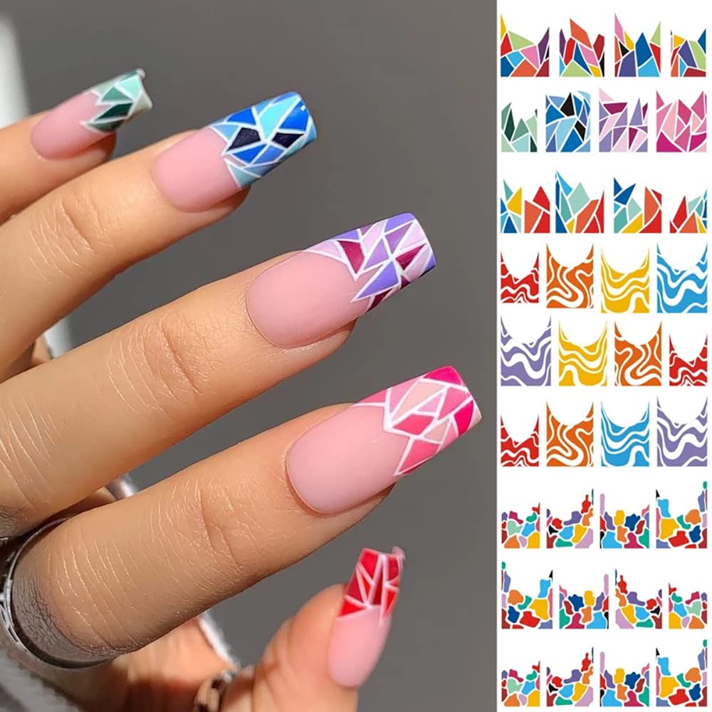 36 Sheets Rainbow Geometric Nail Stickers - Colorful Stripes Water Transfer Decals for Acrylic Nails | French Manicure, Pride Nail Art & DIY Nail Designs | Perfect for Parties, Salons & Home Use
