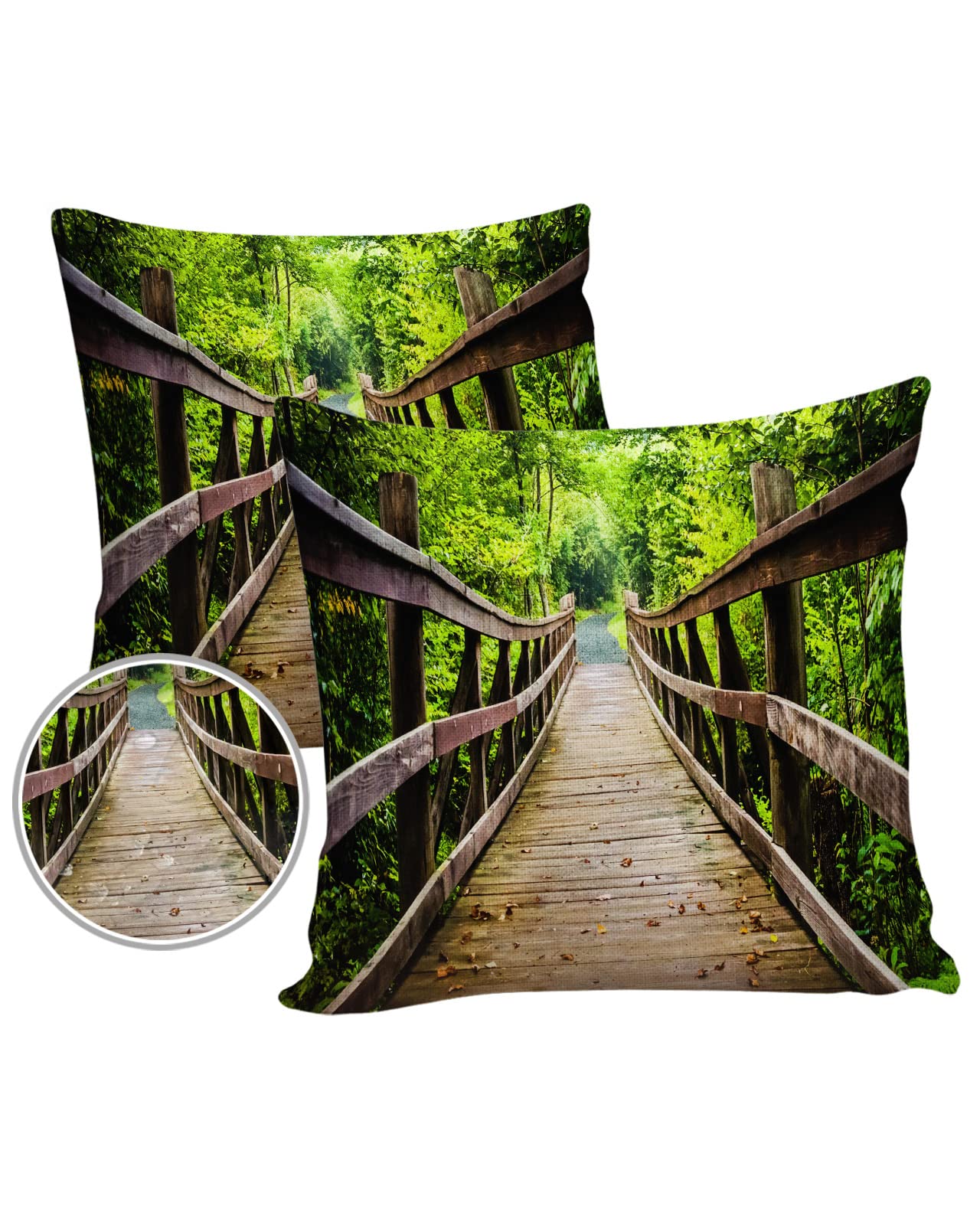 Waterproof Pillow Covers 20x20 Inches - 2 Pack Forest Scenery Cushion Protectors with Wooden Bridge Design for Outdoor Patio, Garden, Living Room Sofa & Bed Decor - Perfect for Home, Office and Car Use