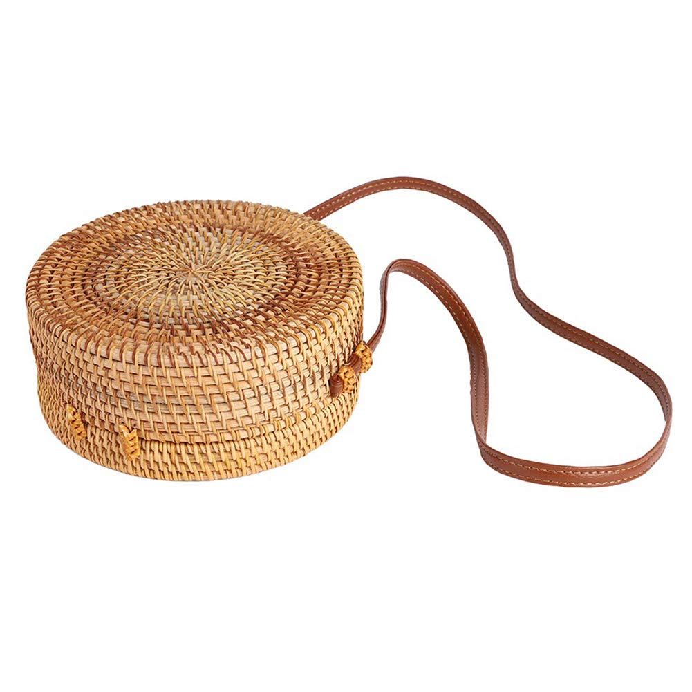 **Forart Handwoven Round Rattan Bag with Leather Straps – Natural Chic Crossbody Purse for Women | Boho Beach Bag, Summer Outing, Casual Shopping (Ships from USA)**