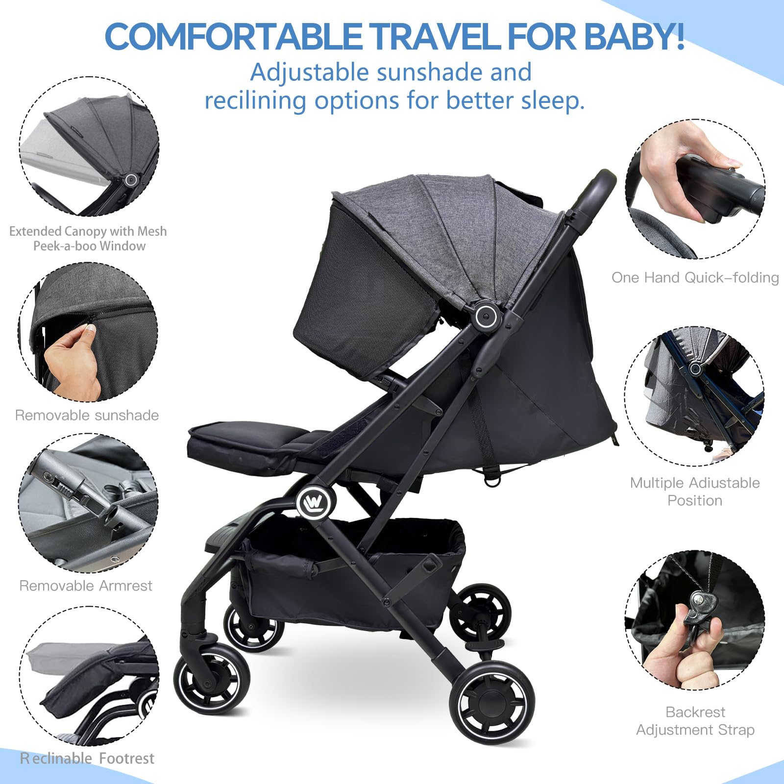 Lightweight Compact Baby Stroller for Travel - One Hand Foldable with Hidden Foot Cover & Sleep Shade, Oversized Storage Basket | Perfect for Airplane Trips & Everyday Use