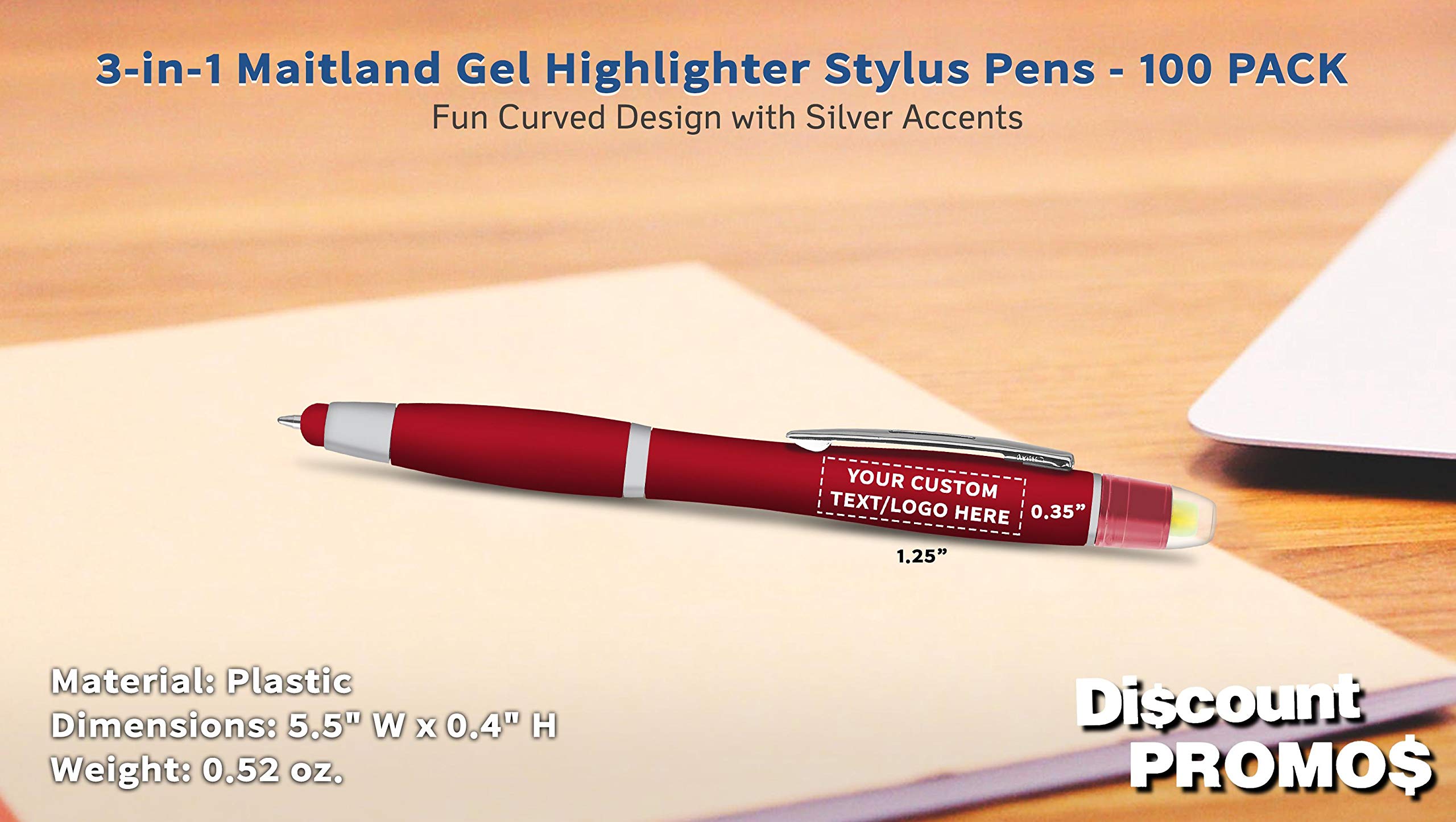 Custom Maitland Gel Highlighter Stylus Pens - 100 Pack Bulk - Smooth Writing, Personalized with Text/Logo - Ideal for Office, School & Note-Taking (Red)