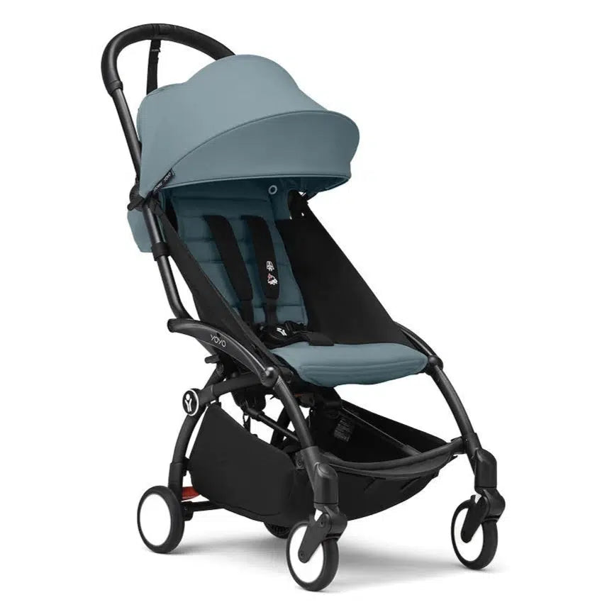 Stokke YOYO 3 Lightweight Baby Stroller for 6+ Months - Black Frame with Aqua Fabric | Compact Foldable Travel Stroller for Airplane, Shopping & City Walks