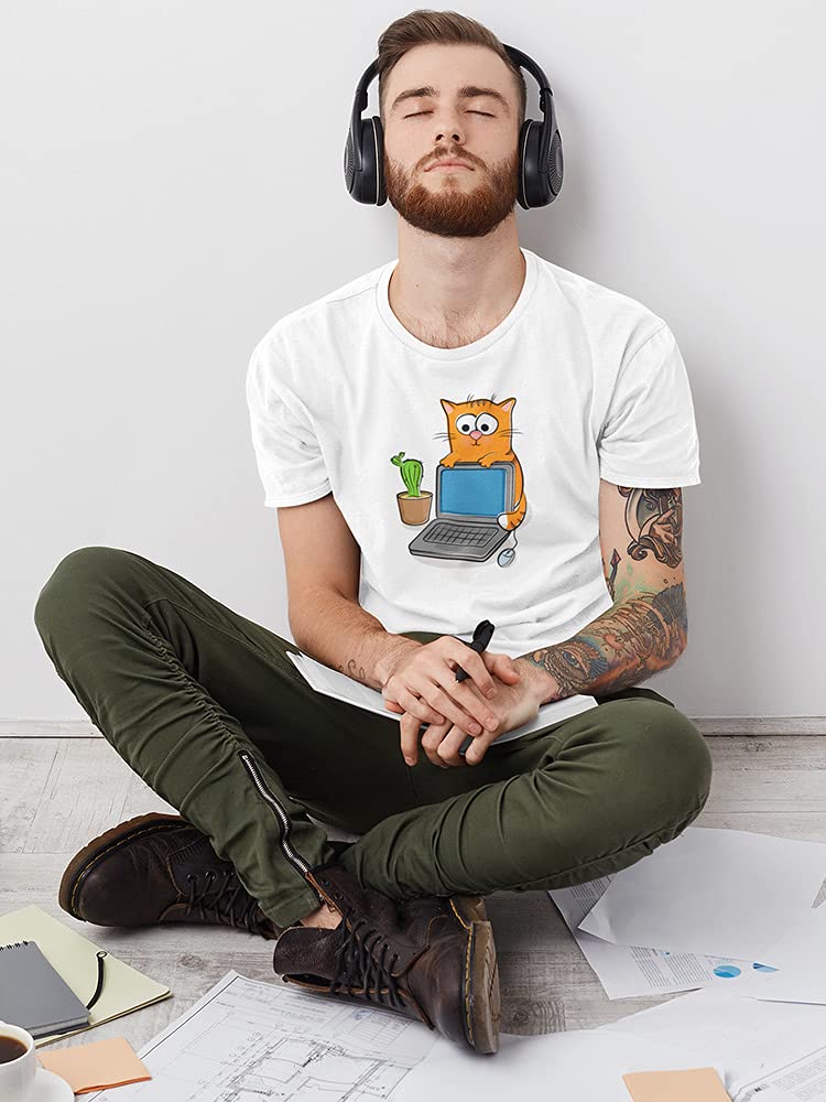 Stylish Red Cat and Laptop Graphic T-Shirt for Men - Casual Wear & Gamer Outfit
