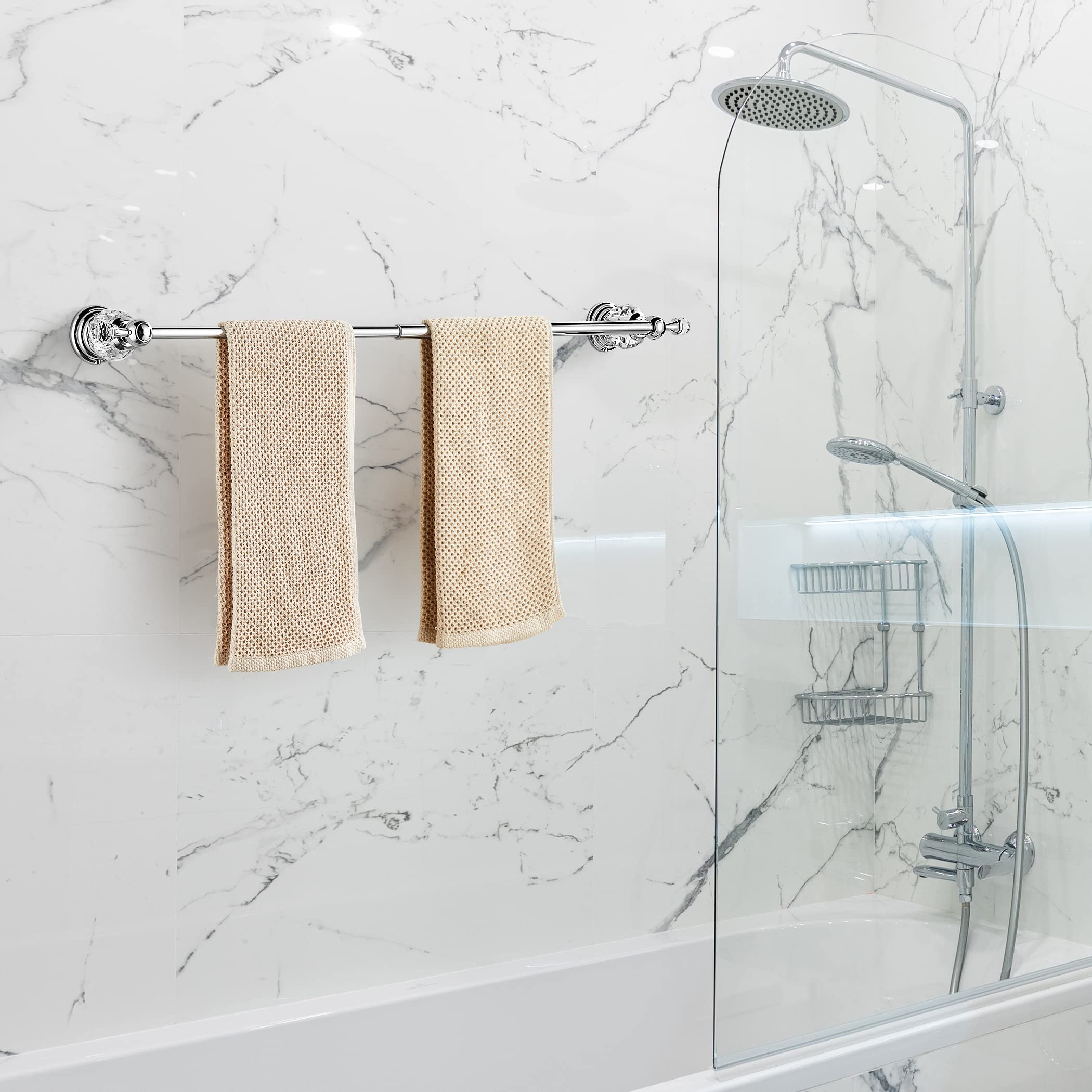 WOLIBEER Adjustable Stainless Steel Towel Bar - Chrome Expandable Towel Rack for Bathroom, Wall Mounted Towel Holder with Crystal Accents - Perfect for Modern Bathrooms, Spa, and Luxury Home Decor