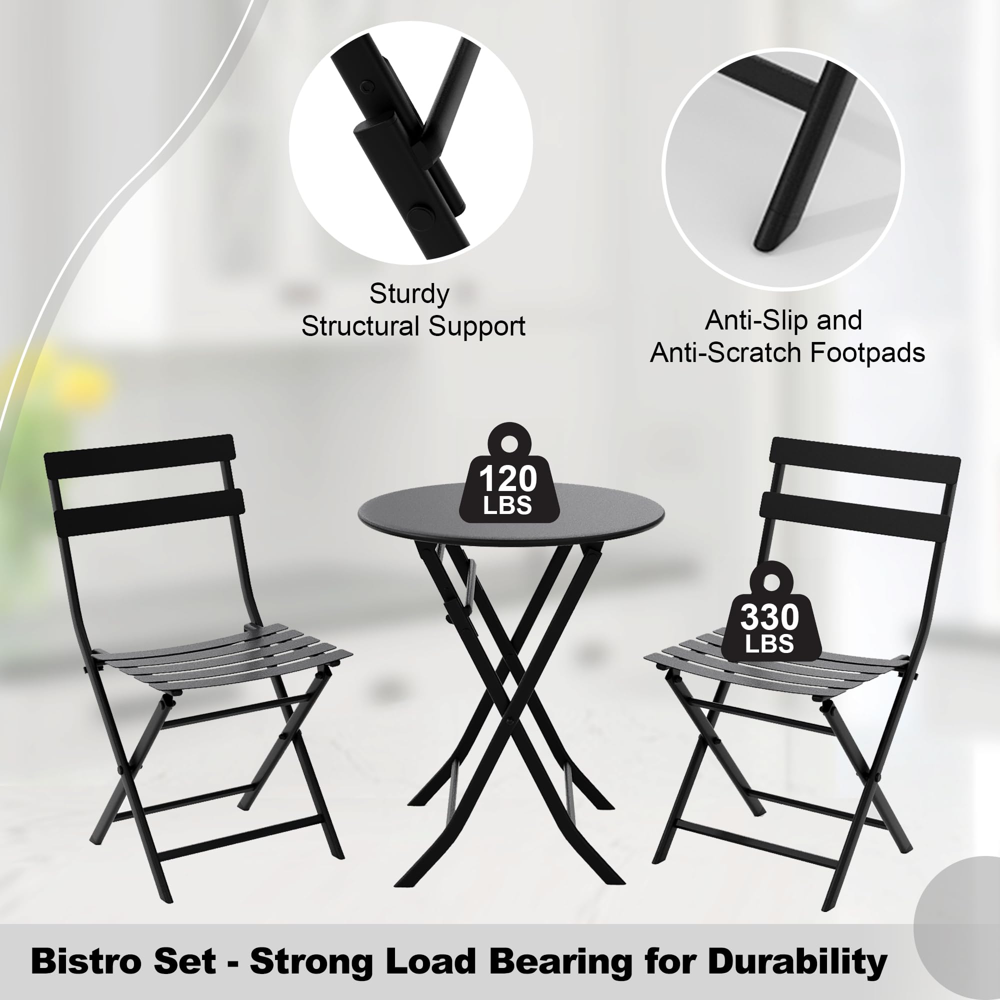 GARVEE 3-Piece Folding Patio Bistro Set with Round Table & 2 Chairs - Weather-Resistant, Space-Saving Outdoor Furniture with Premium Steel Frame in Black - Perfect for Small Balconies, Decks and Garden Dining