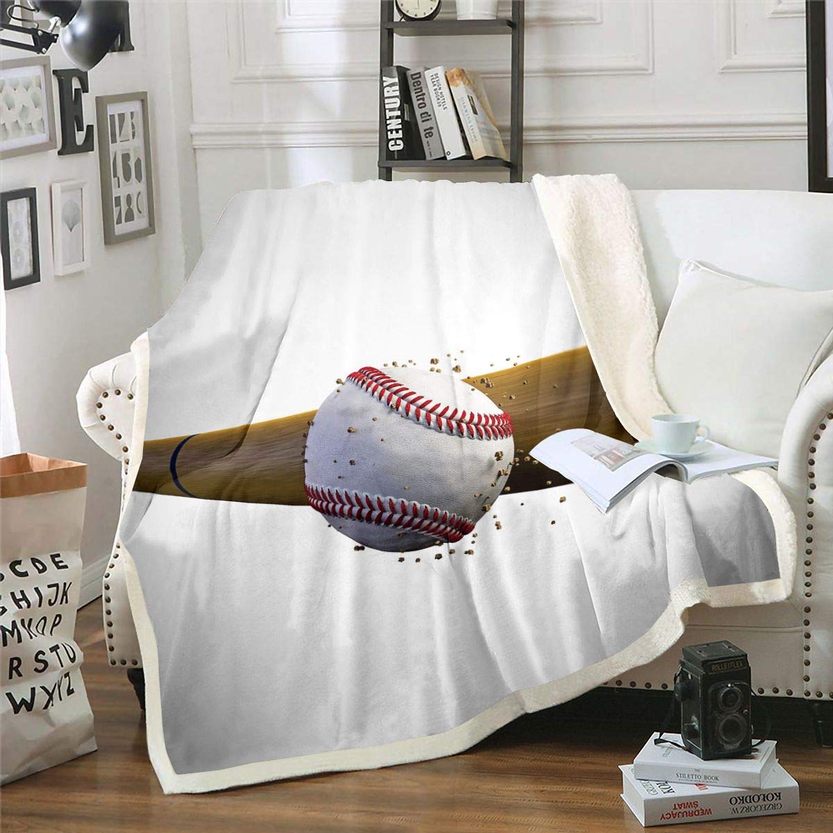 3D Baseball Plush Fleece Throw Blanket - Sports Theme Sherpa Blanket with Bat & Ball Pattern, Soft Microfiber for Sofa, Couch & Bed - Warm Fuzzy Twin Size 60