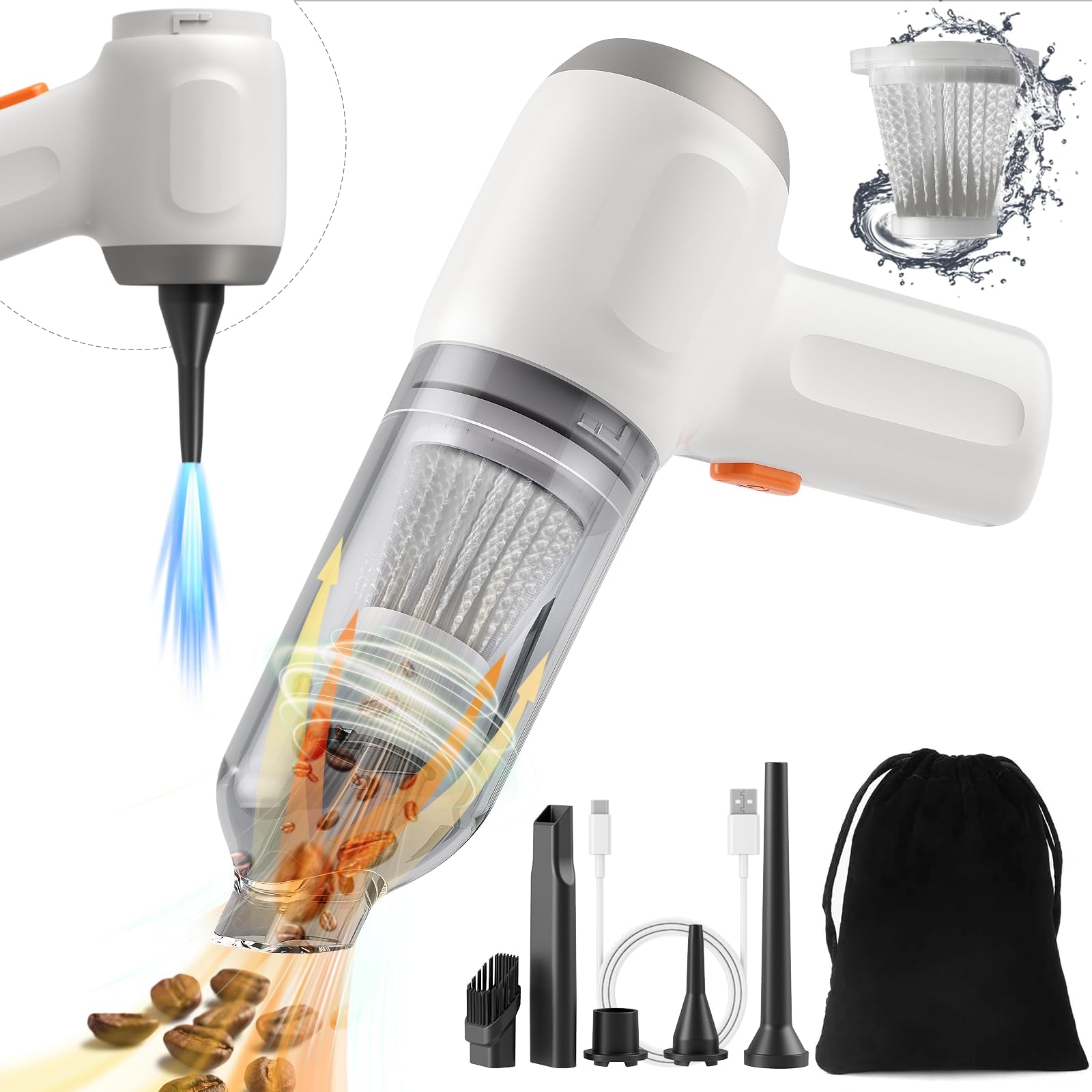 Powerful 8000PA Cordless Handheld Vacuum Cleaner - 3-in-1 Mini Vacuum for Car, Keyboard & Home - Rechargeable Dust Buster with Air Blower & Hand Pump (White) | Perfect for Cleaning Vehicles, Electronics & Inflating Small Items